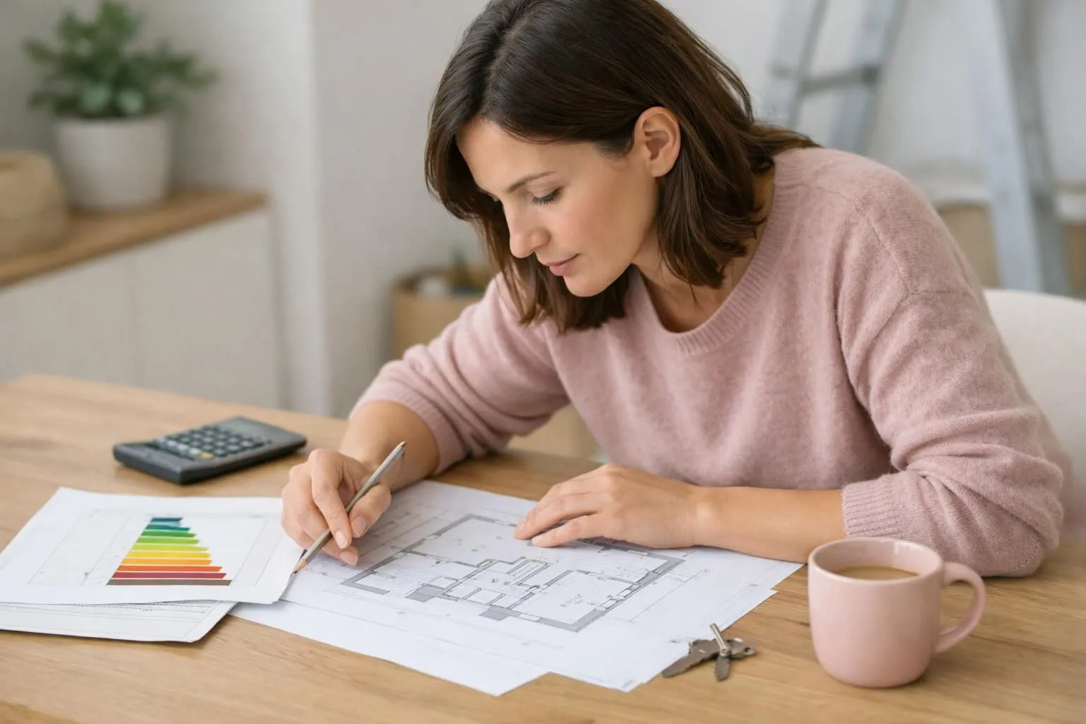 Woman intently studying architectural plans on a wooden desk.