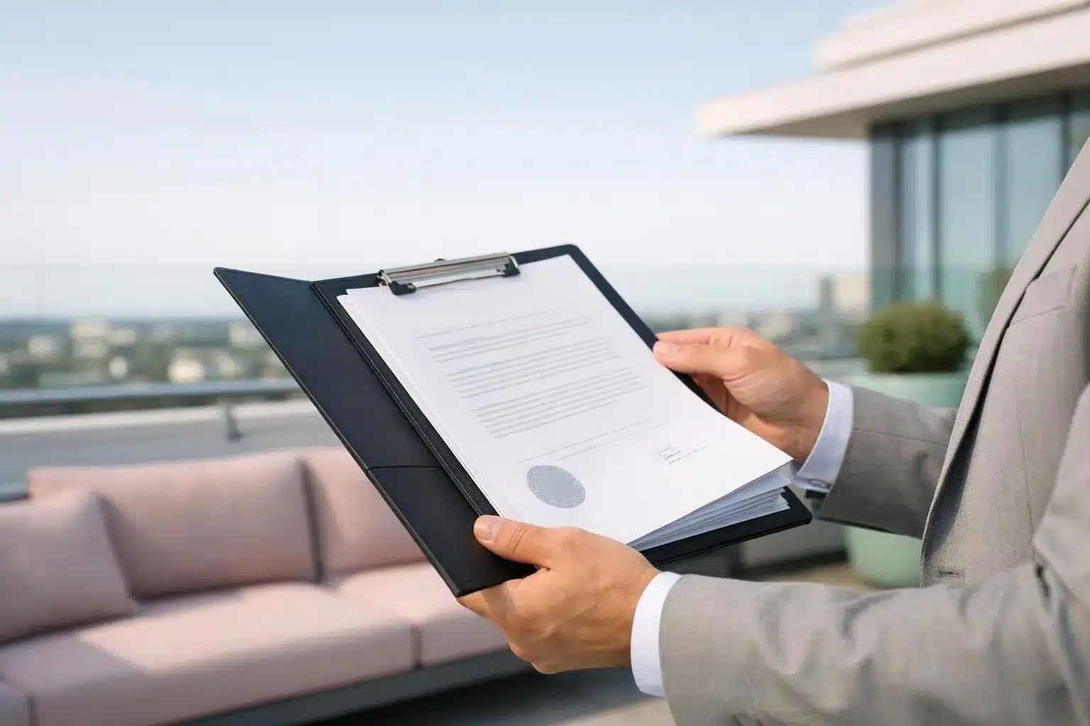Businessman reviewing document on clipboard in office setting.