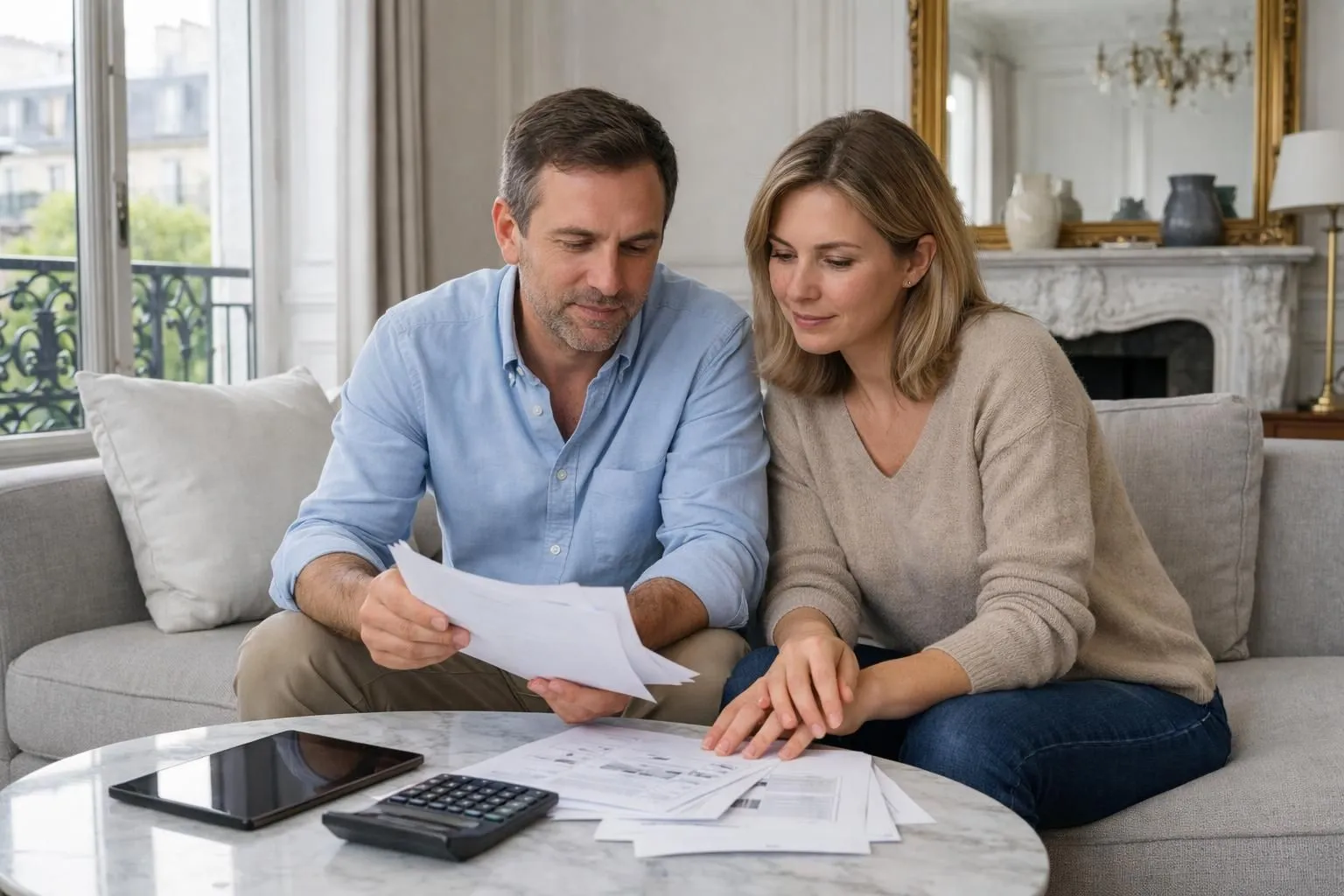 Scène réaliste dans un salon d'appartement haussmannien rénové à Paris, lumière naturelle traversant de grandes fenêtres, couple entre 35 et 50 ans assis à une table en bois clair consultant ensemble des documents de financement et plans de rénovation, calculatrice et tablette visible, ambiance sereine et rassurante, couleurs neutres beige et blanc, plantes vertes en arrière-plan, parquet ancien restauré, atmosphère professionnelle et chaleureuse évoquant un projet immobilier bien préparé, aucun texte visible dans l'image.