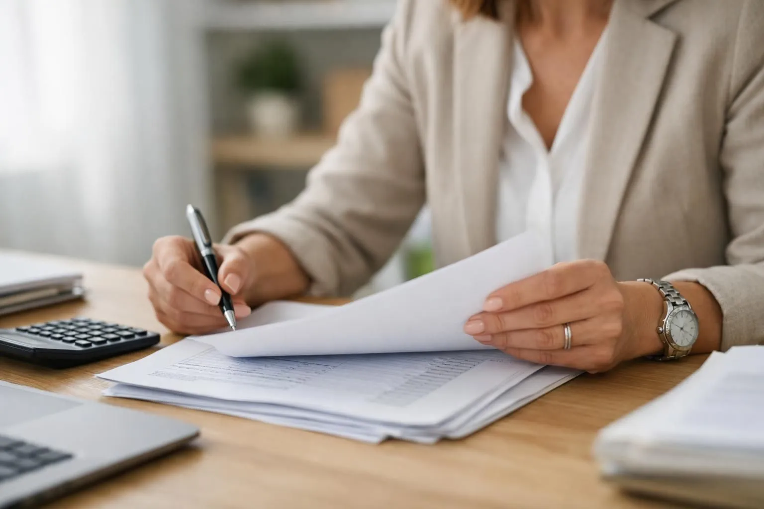 Scène réaliste d'un bureau à domicile moderne en France: une personne d'environ 40 ans assise à un bureau en bois clair, concentrée sur des documents financiers et relevés bancaires étalés devant elle, calculatrice à portée de main. Lumière naturelle douce provenant d'une fenêtre, intérieur d'appartement contemporain aux tons beige et gris, étagère avec dossiers en arrière-plan. Ambiance professionnelle et sereine, photo éditoriale haute qualité. Absolument aucun texte, chiffre, logo ou mot visible dans l'image.