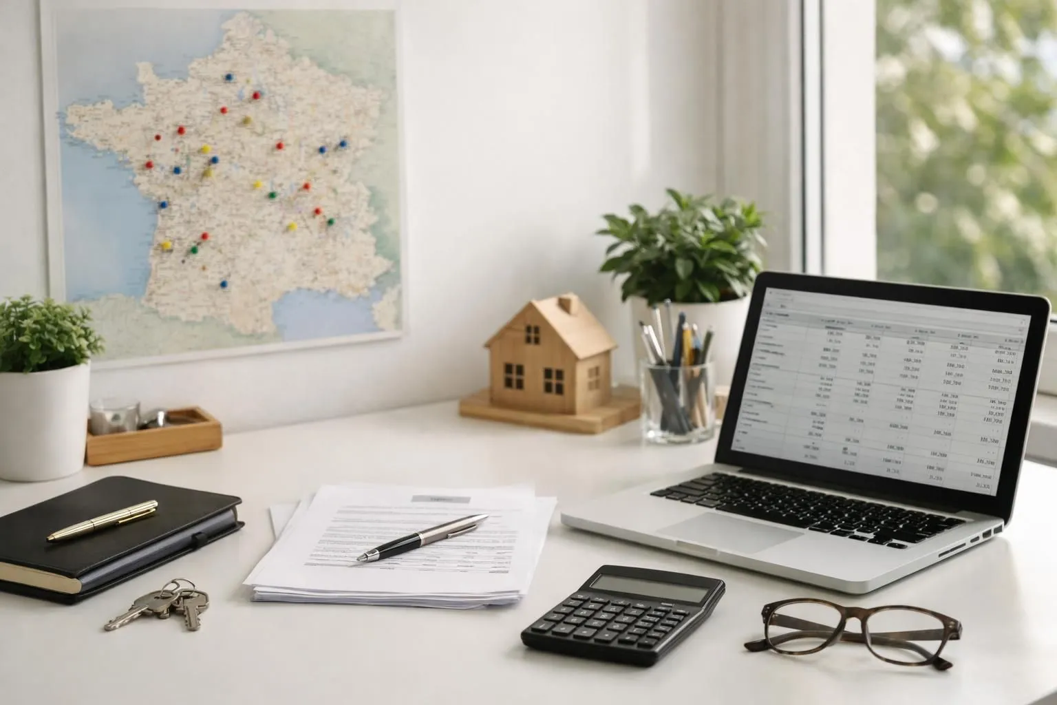 Bureau lumineux d'un investisseur immobilier à domicile, femme entre 35 et 50 ans consultant une carte de France posée sur table en bois clair avec des épingles colorées marquant différentes villes, ordinateur portable ouvert affichant des tableaux de rendement, calculatrice, carnets de notes, tasse de café, lumière naturelle entrant par fenêtre, ambiance professionnelle et sereine, décor moderne minimaliste avec plante verte, style photo réaliste éditoriale, couleurs neutres beige et blanc, aucun texte visible