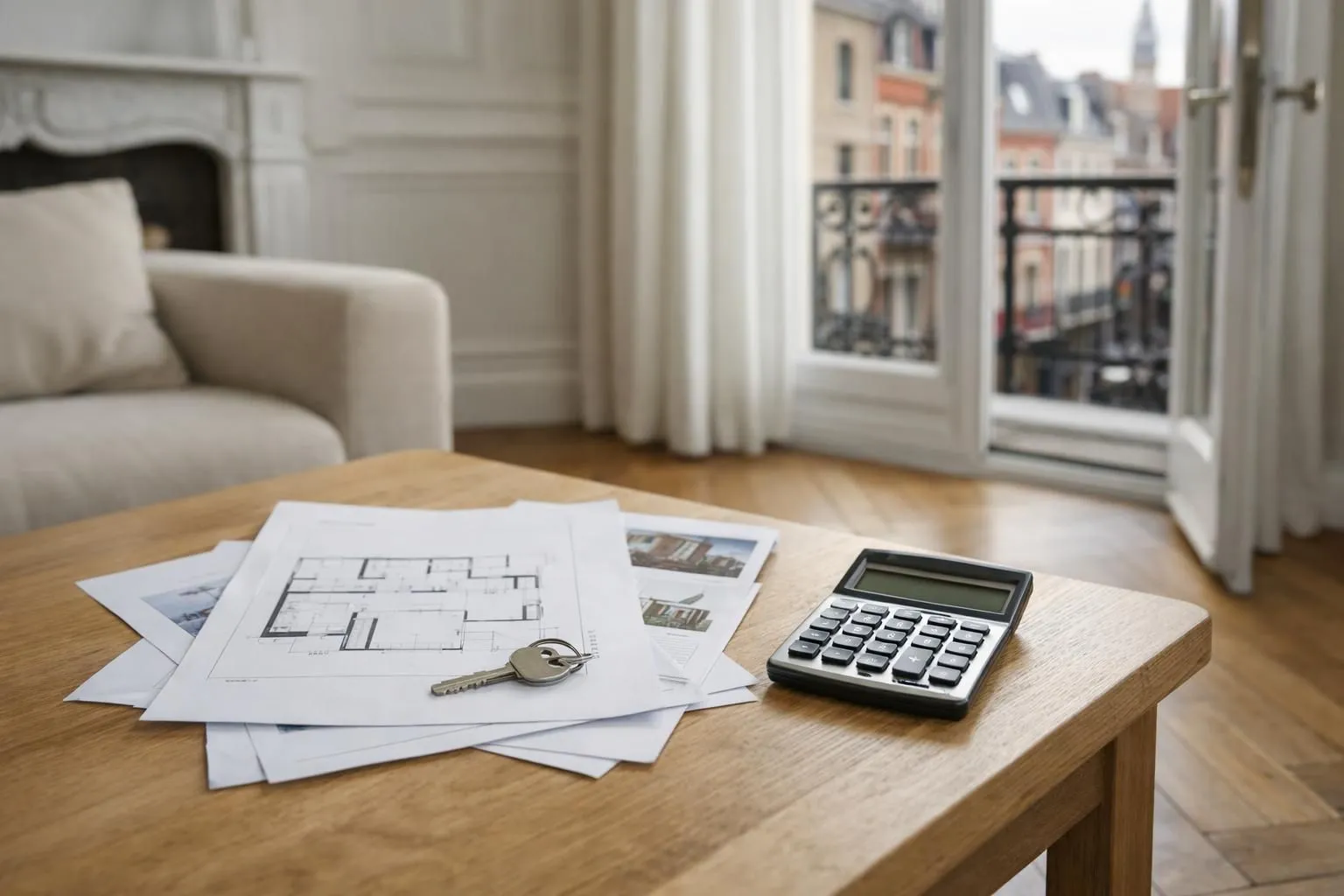 Intérieur d'un appartement haussmannien rénové à Lille, salon lumineux avec grandes fenêtres, parquet en chêne clair, moulures au plafond, canapé beige moderne, table basse avec documents immobiliers et calculatrice, plans d'appartement visibles, lumière naturelle douce d'après-midi, vue partielle sur rue lilloise typique avec façades de briques rouges, ambiance professionnelle et chaleureuse, style photographique éditorial immobilier, couleurs neutres beige et blanc cassé, aucun texte visible