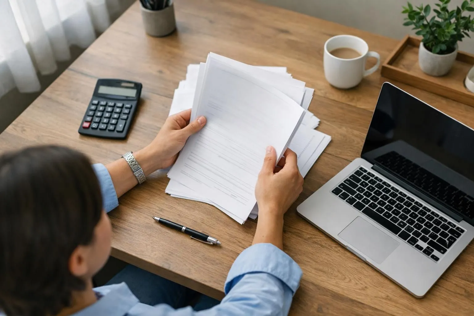 Vue en plongée d'une table de travail lumineuse dans un salon français moderne, avec une personne entre 35 et 50 ans utilisant une calculatrice professionnelle et consultant des documents financiers (tableaux d'amortissement, simulation bancaire), un ordinateur portable ouvert affichant des graphiques, un carnet de notes, un stylo, une tasse de café, lumière naturelle douce provenant d'une fenêtre, atmosphère concentrée et sereine, couleurs neutres beige et blanc, style photo réaliste éditorial pour magazine immobilier, aucun texte visible