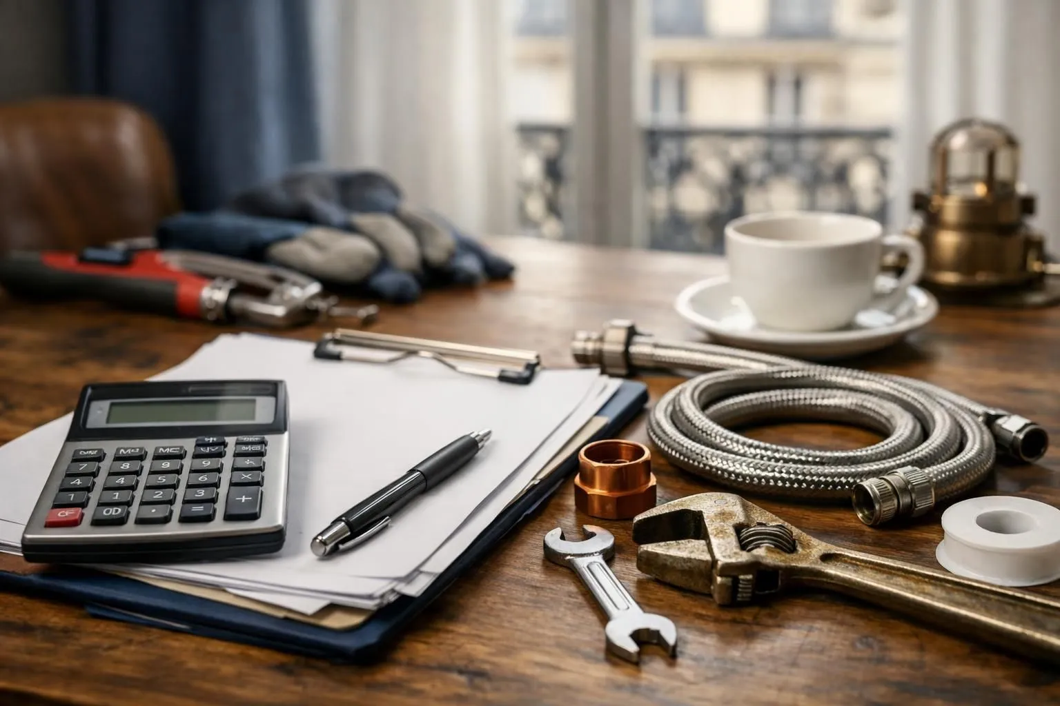 Desk with tools, calculator, coffee cup, and plumbing supplies.