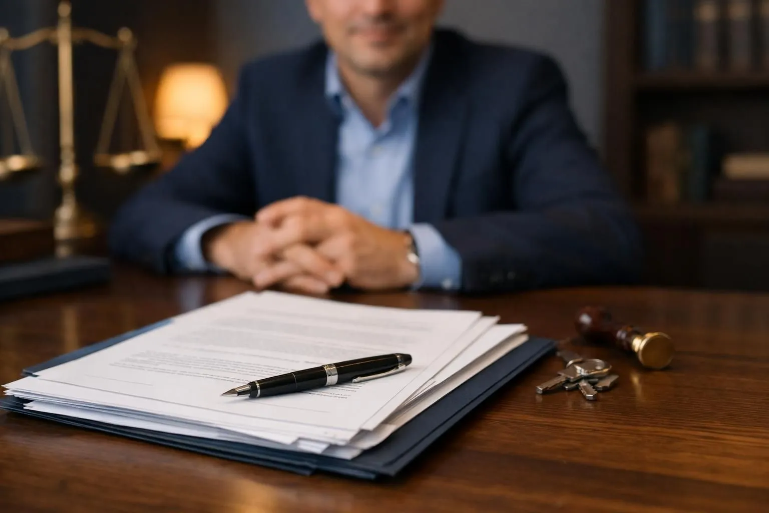 A businessman reviewing legal documents on a wooden desk.