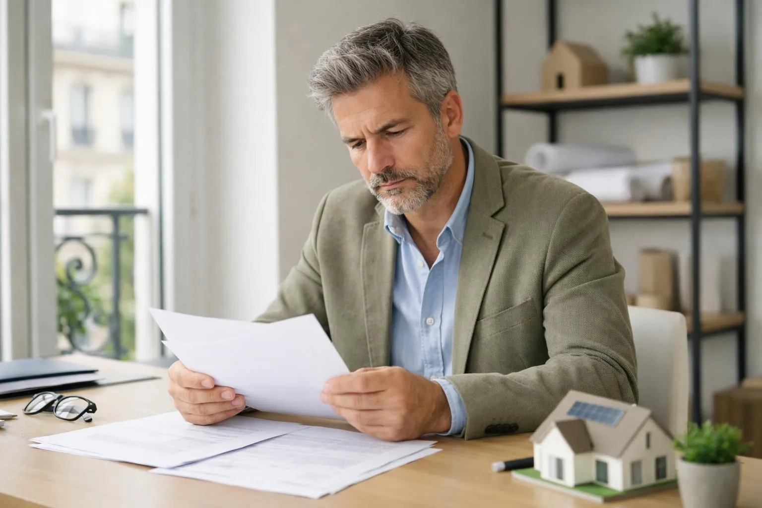 Professional architect and environmental consultant reviewing technical compliance documents and energy performance charts in modern bright office in France, realistic photo with natural lighting showing building plans and RE2020 certification folders on desk, contemporary workplace atmosphere, neutral tones