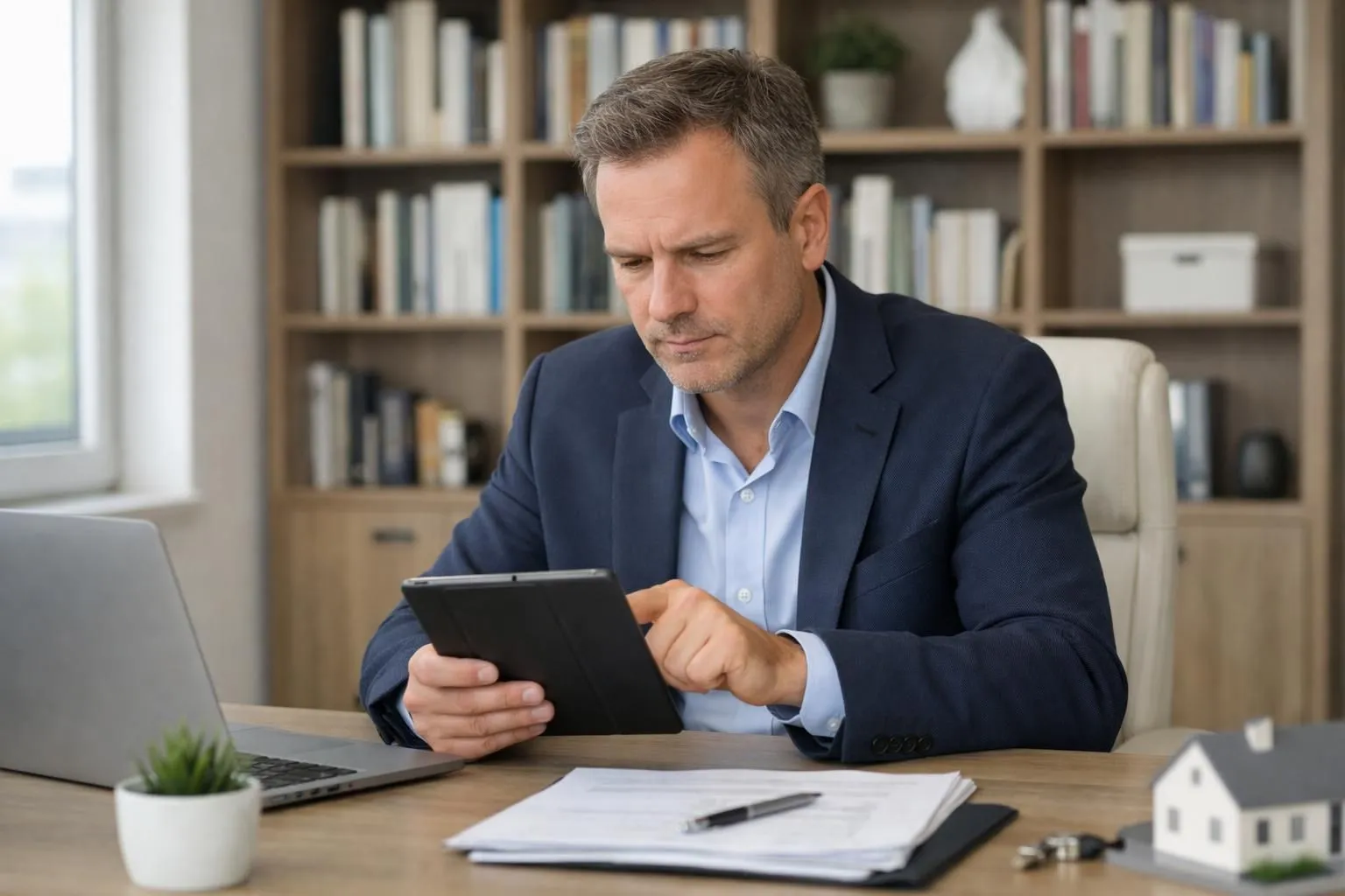 Professionnel immobilier assis à son bureau moderne analysant des données de prix sur tablette numérique avec graphiques comparatifs visibles à l'écran, carnet de notes ouvert, ambiance lumineuse naturelle, intérieur contemporain avec bibliothèque en arrière-plan, personne entre 35 et 50 ans concentrée sur son analyse tarifaire