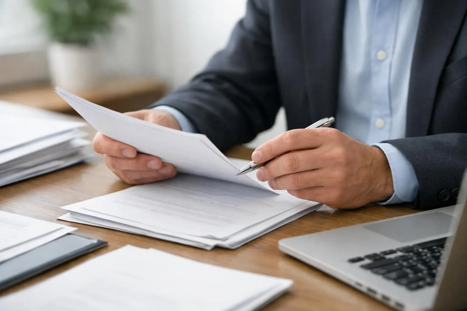 Professionnel organisant des documents administratifs pour l'ouverture d'un compte bancaire SCI, bureau moderne avec papiers officiels visibles incluant extrait K-bis et statuts de société, ordinateur portable ouvert, ambiance professionnelle et rassurante, lumière naturelle, intérieur contemporain français