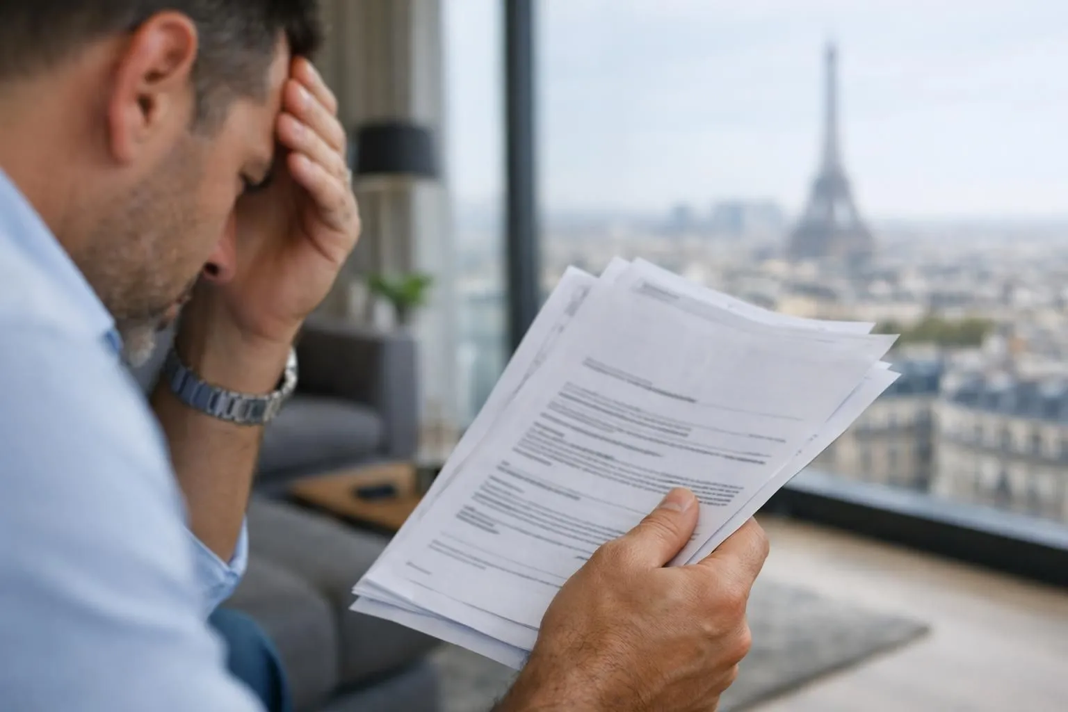 Investisseur expatrié assis à un bureau avec des documents fiscaux français éparpillés, expression inquiète et perplexe, calculatrice et formulaires de déclaration d'impôts visibles, intérieur d'appartement moderne avec vue sur Paris en arrière-plan, lumière naturelle tamisée créant une ambiance de tension administrative, style photo réaliste éditorial pour magazine immobilier, couleurs neutres beige et gris, atmosphère professionnelle montrant la complexité de la gestion locative à distance pour un non-résident français