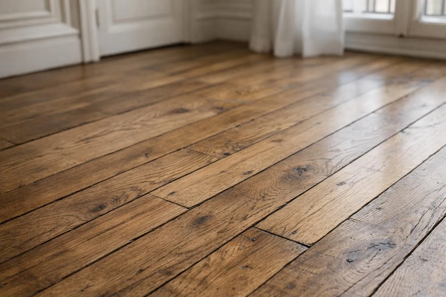 Gros plan sur parquet massif ancien restauré avec veines du bois visibles et finition naturelle dans appartement haussmannien, lumière naturelle filtrant par fenêtre d'époque, lames de parquet chêne ou châtaignier patinées, détails des rainures et languettes, ambiance chaleureuse et authentique, intérieur résidentiel français classique, style photo réaliste éditoriale immobilier, couleurs bois naturel beige miel et gris clair