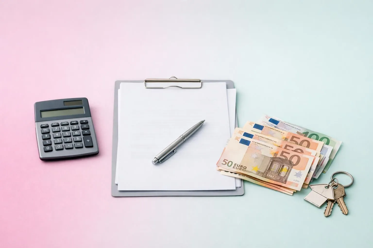 Clipboard, calculator, pen, euro banknotes, and keys on pink background.