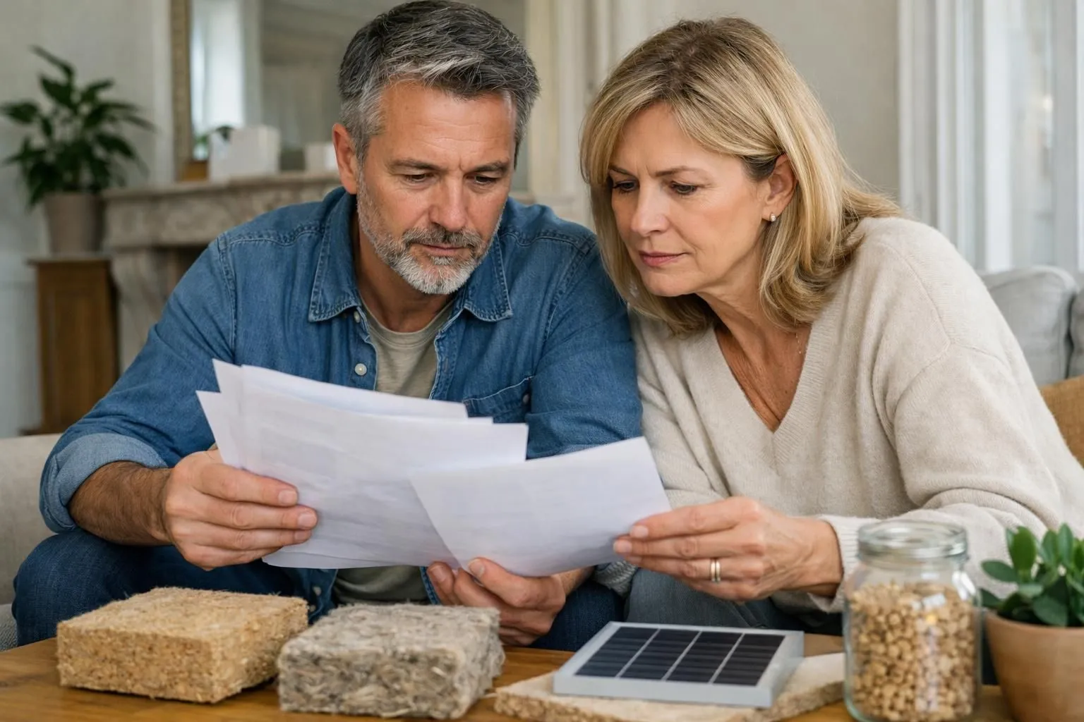 Vue intérieure d'un appartement haussmannien en cours de rénovation énergétique, avec un couple entre 35 et 50 ans consultant des documents de subventions sur une table en bois clair. Environnement: salon lumineux avec fenêtres à double vitrage neuves visibles, radiateur moderne au mur, matériaux écologiques empilés (panneaux isolants, échantillons de bois). Sur la table: dossiers officiels avec logo ANAH visible, calculatrice, plans d'appartement. Ambiance: professionnelle et sereine, lumière naturelle de fin de matinée, couleurs neutres (blanc cassé, gris perle, bois naturel). Couple attitude confiante, femme pointant un document, homme prenant des notes. Style photo réaliste crédible pour magazine immobilier français, composition éditoriale claire, aucun texte dans l'image.