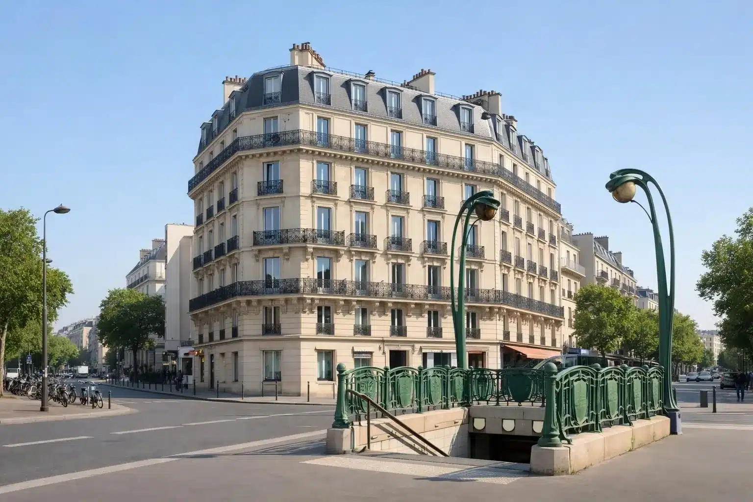 A multi-story Parisian apartment building with ornate balconies and a green pedestrian bridge.