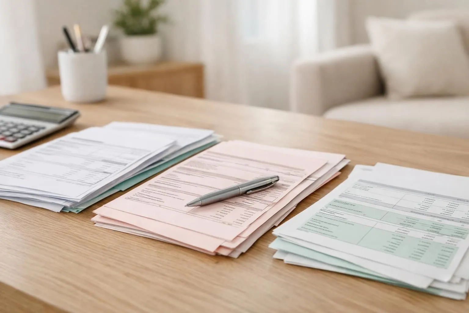Close-up of organized financial documents including pay slips, tax returns and bank statements on wooden desk in modern French apartment, natural daylight, neutral tones with beige and white background, professional and reassuring atmosphere, realistic photo style, no text or logos visible