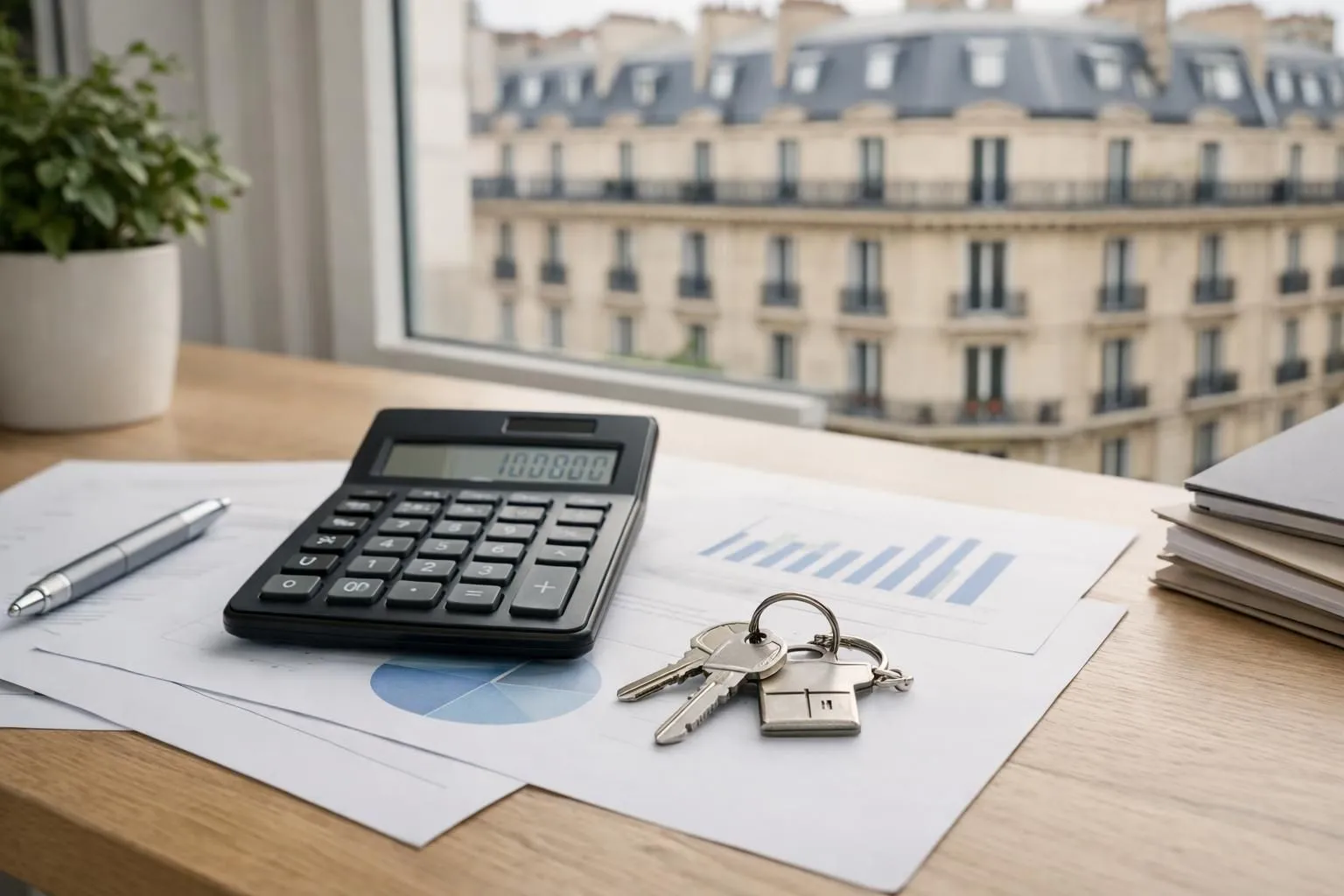Bureau lumineux avec documents immobiliers professionnels, calculatrice affichant des chiffres de rendement locatif, graphiques comparatifs de rentabilité sur papier, stylo posé sur tableau Excel montrant charges et revenus, clés d'appartement parisien, vue naturelle sur immeuble haussmannien par fenêtre, lumière du jour douce, ambiance réaliste et crédible pour investisseur immobilier en Île-de-France, aucun texte visible, style éditorial magazine immobilier