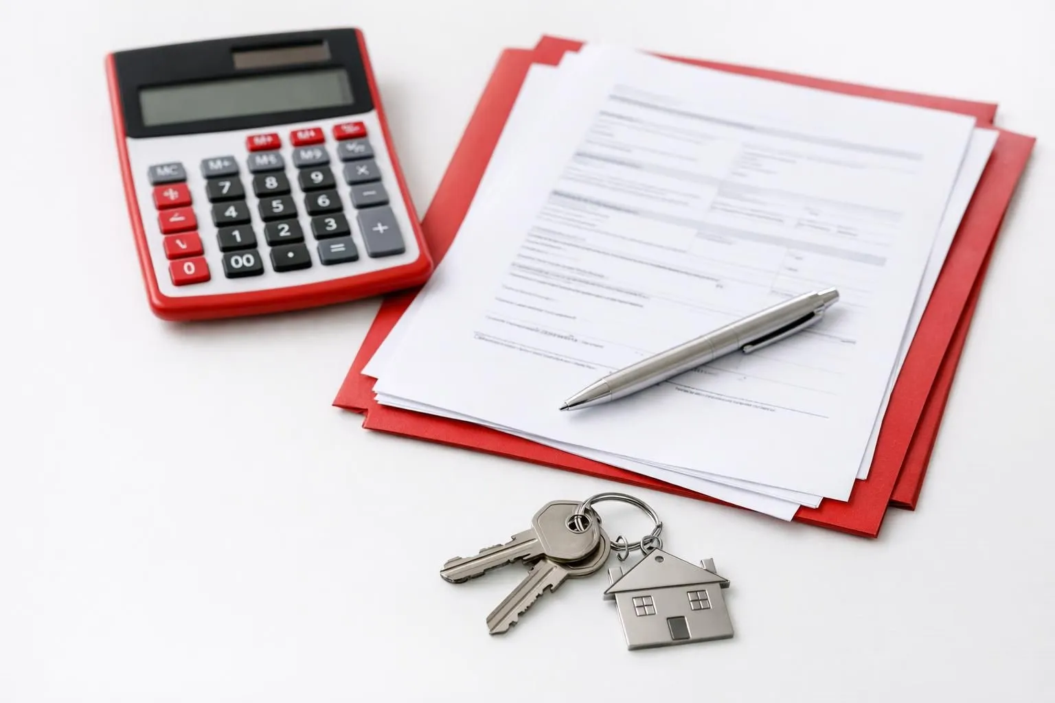 Red calculator, documents, pen, and house keys on a white background.