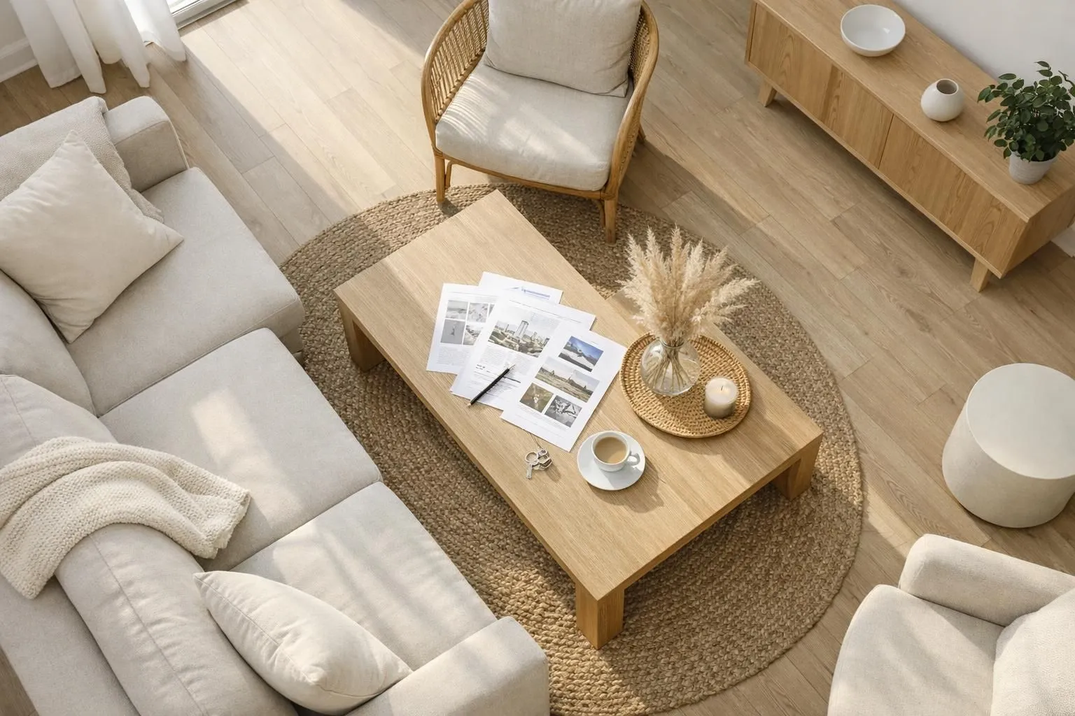 Vue réaliste d'un appartement rénové à Valenciennes, avec grande fenêtre donnant sur une rue calme du centre-ville. Intérieur moderne et lumineux: salon spacieux aux tons clairs (beige, blanc cassé), parquet en bois, canapé contemporain. Sur une table basse, des documents immobiliers visibles (plans d'appartement, brochures). Ambiance professionnelle et chaleureuse, lumière naturelle de fin de journée. Style photo éditoriale pour magazine immobilier, composition épurée. Aucun texte, logo ou chiffre visible dans l'image.