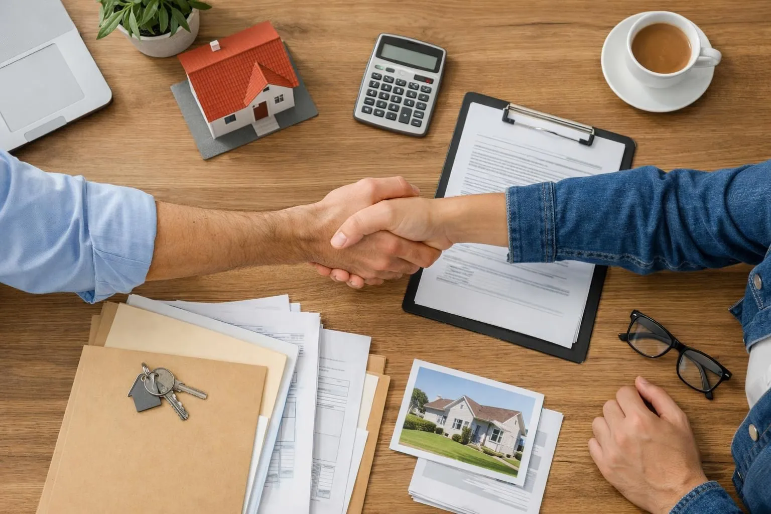 Real estate transaction, handshake, paperwork, calculator, house model, coffee cup.