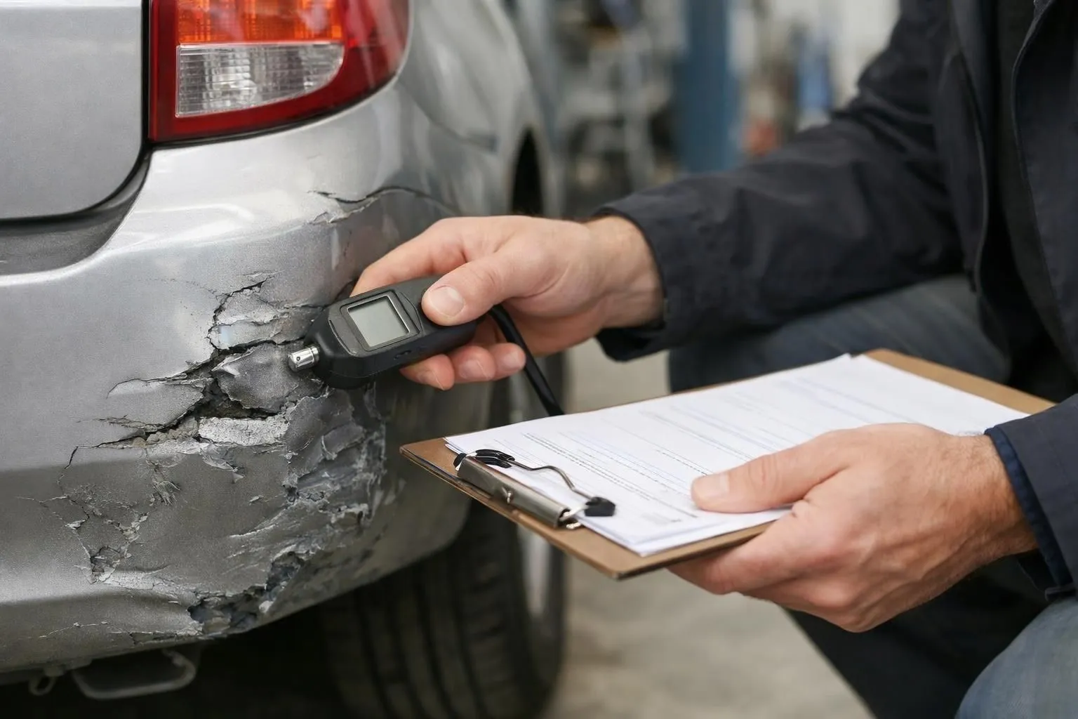 Expert automobile professionnel inspectant les dommages d'un véhicule dans un atelier, tenant un clipboard avec documents d'expertise, outil de mesure à la main, voiture endommagée en arrière-plan. Scène professionnelle et documentaire. Lumière naturelle d'atelier, ambiance technique et sérieuse. Style photo réaliste, mise au point nette, couleurs neutres (gris métal, bleu atelier, blanc). Composition claire montrant l'évaluation des dégâts pour une indemnisation automobile. Aucun texte, logo ou watermark visible.