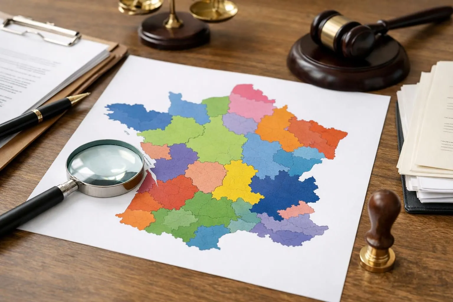 Gros plan réaliste sur une carte administrative de France posée sur un bureau de notaire, avec plusieurs départements colorés différemment (bleu foncé, bleu clair, rouge) pour illustrer les variations régionales de taxation immobilière, loupe professionnelle posée sur l'Indre ou l'Isère, calculatrice et stylo à proximité, documents officiels partiellement visibles, lumière naturelle de bureau, ambiance professionnelle et analytique, photo éditoriale pour magazine immobilier, pas de texte visible dans l'image