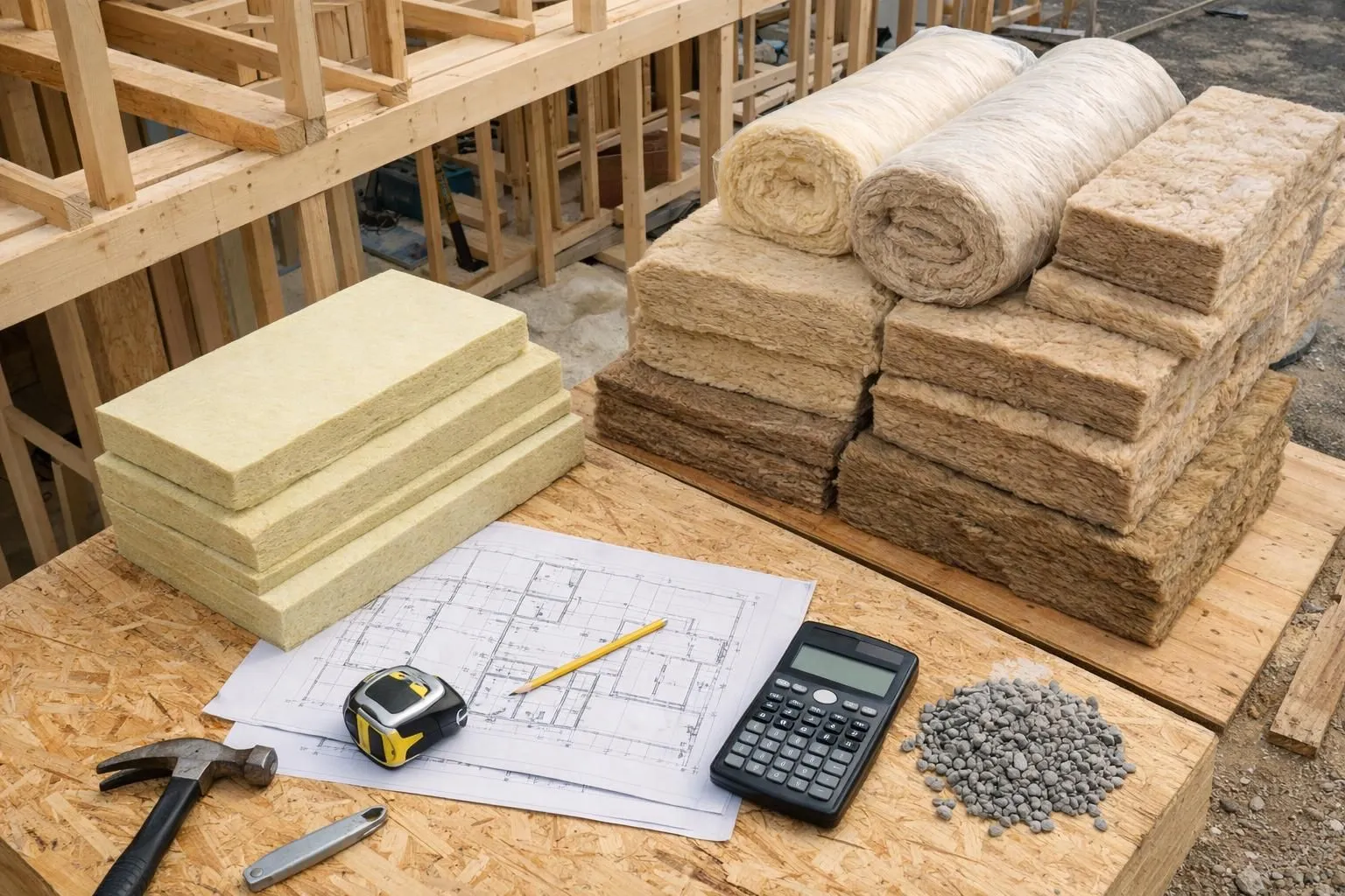 Construction materials, blueprints, tools, and a calculator on a wooden surface.