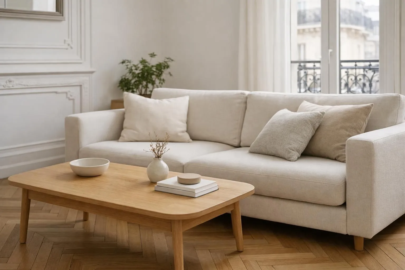 Salon d'appartement haussmannien rénové, lumineux avec parquet en chevrons, canapé beige moderne, table basse minimaliste en bois clair, murs blancs neutres, grande fenêtre laissant entrer la lumière naturelle, décoration épurée avec plante verte discrète et coussins neutres, ambiance chaleureuse mais dépersonnalisée pour visite immobilière professionnelle en France, style photo éditoriale réaliste, aucun texte visible