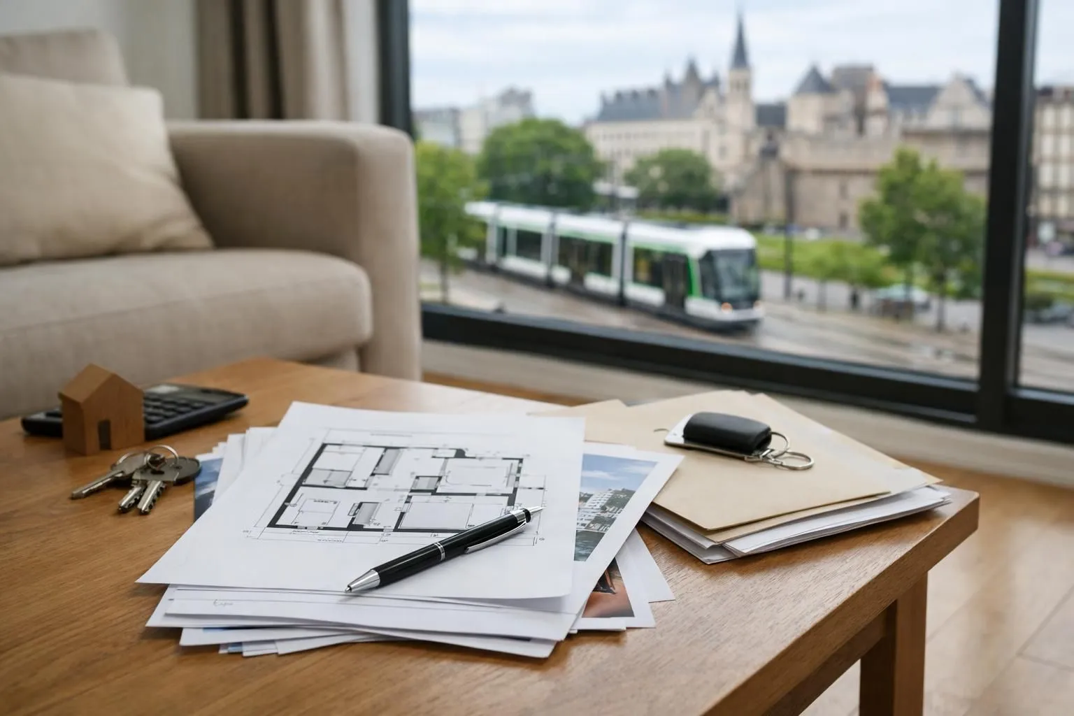 Intérieur d'un appartement moderne à Nantes avec grande fenêtre donnant sur le tramway et immeubles résidentiels contemporains, lumière naturelle, salon lumineux avec parquet clair et canapé beige, documents immobiliers posés sur table basse (plans, calcul de rentabilité), couple entre 30 et 40 ans debout près de la fenêtre regardant la vue urbaine avec expression sereine et confiante, ambiance professionnelle et chaleureuse, couleurs neutres (blanc, gris clair, bois naturel), style photo réaliste éditoriale pour magazine immobilier, aucun texte visible