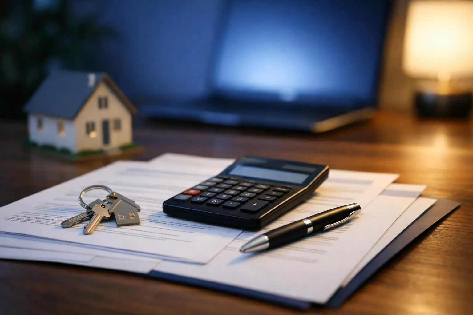 House keys, calculator, pen, and documents on wooden table.