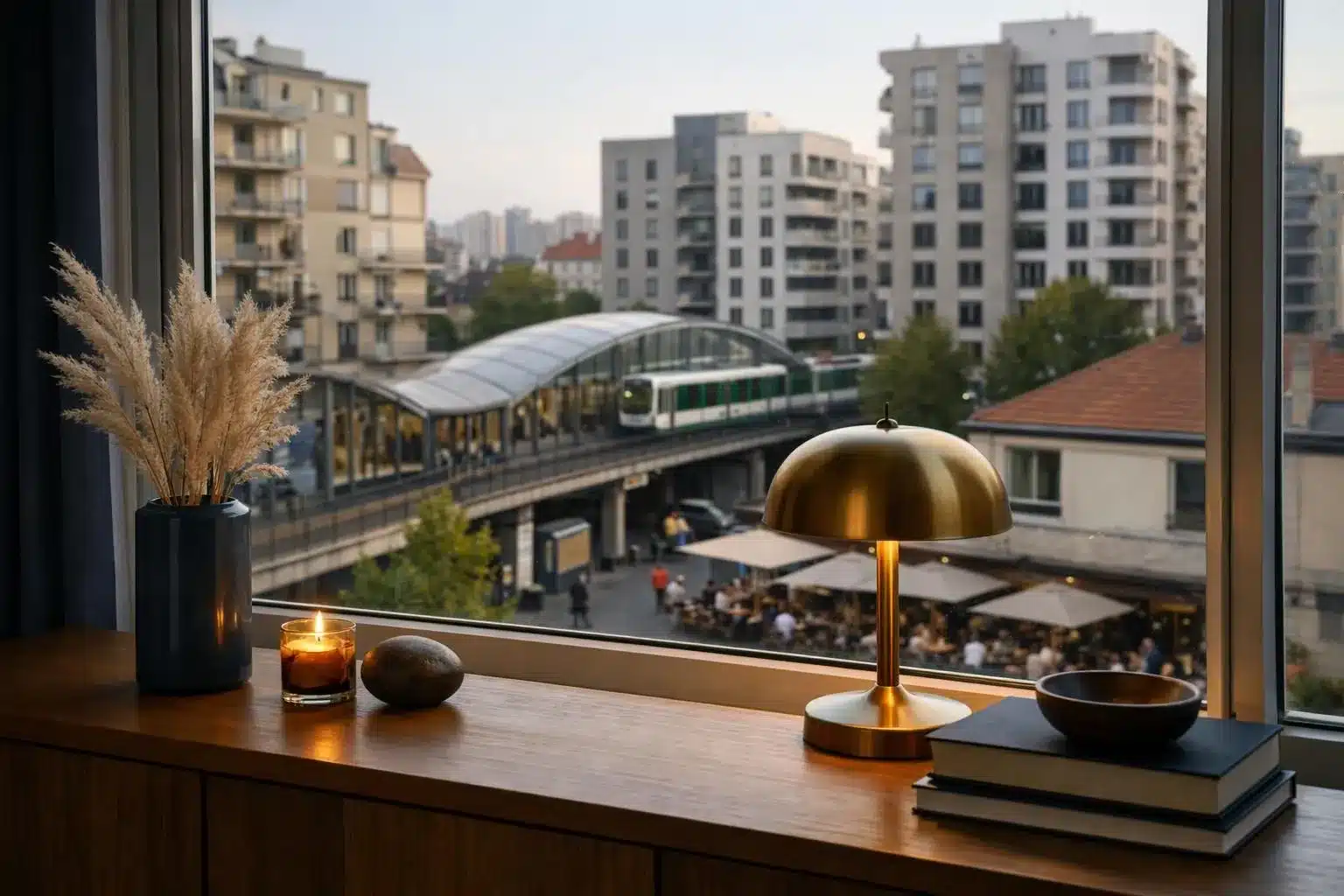 Cozy urban cafe with a view of a train station.