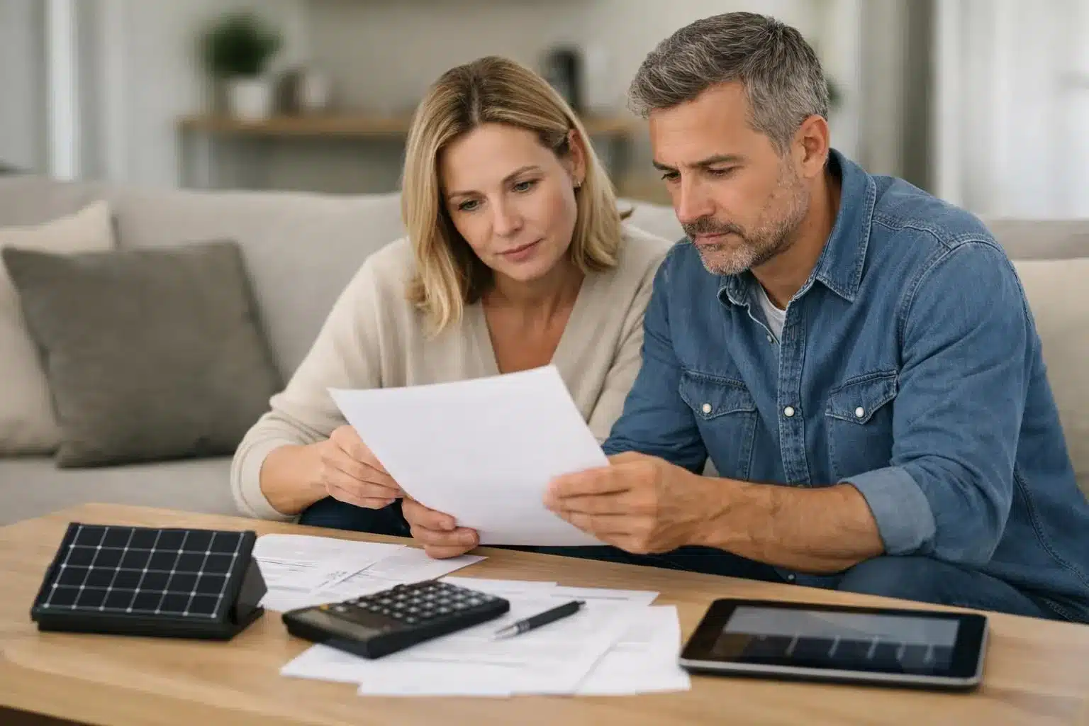 Bureau de consultant avec documents financiers et calculatrice, graphiques de rentabilité photovoltaïque visibles sur tablette, couple entre 35 et 50 ans examinant attentivement un contrat d'installation solaire, expression concentrée et questionnante, intérieur de salon moderne français avec lumière naturelle douce, décor épuré dans tons beige et gris, ambiance professionnelle et réfléchie, aucun texte visible, photo réaliste éditoriale