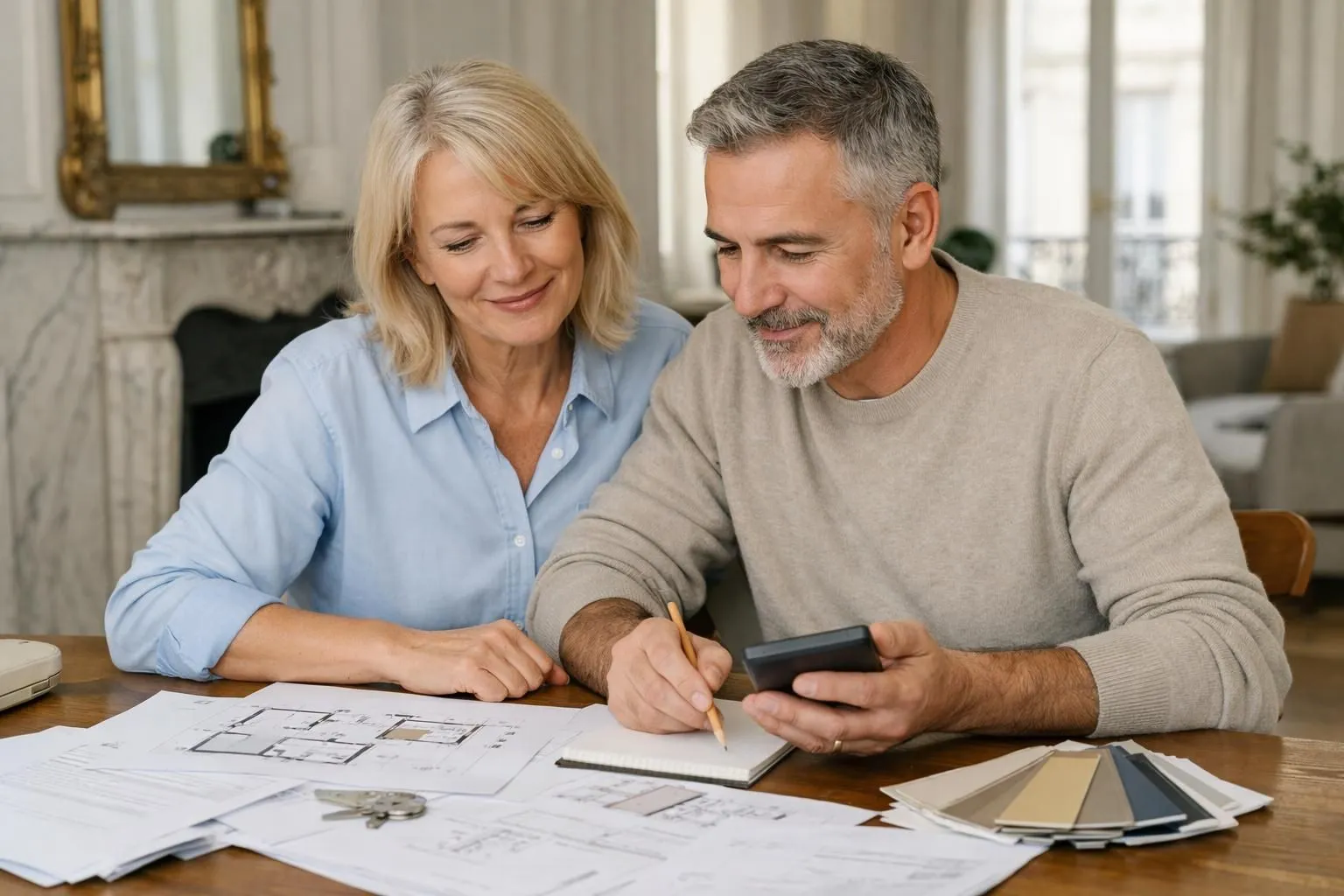 Scène réaliste dans un appartement haussmannien français en cours de rénovation, montrant un couple entre 35 et 50 ans assis à une table en bois avec des documents de prêt bancaire et des plans de travaux, calculatrice visible, luminosité naturelle douce, intérieur chaleureux avec murs blancs, parquet ancien, fenêtres hautes, ambiance professionnelle et rassurante, pas de texte ni chiffres visibles dans l'image, style photographique éditorial pour magazine immobilier