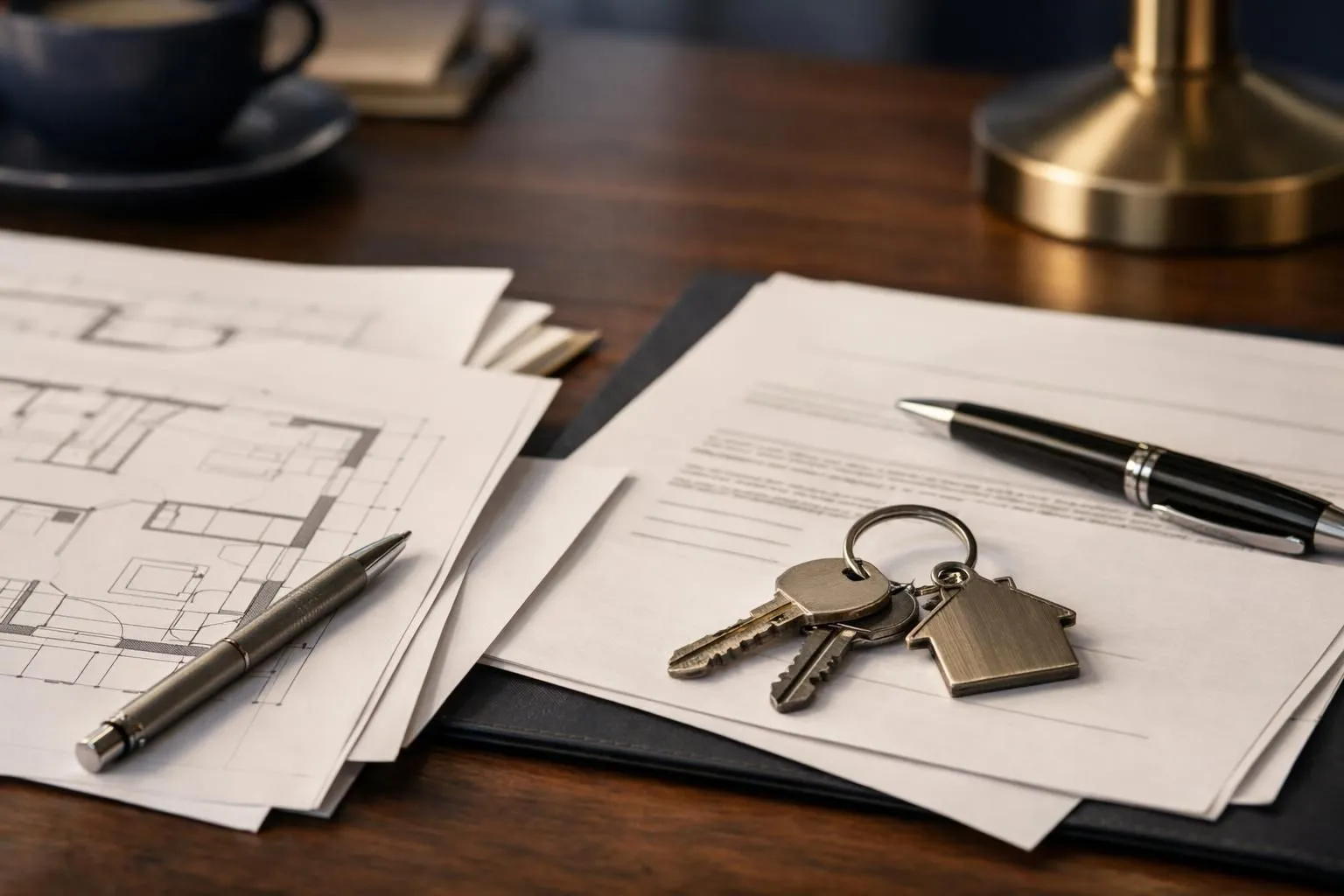 Architectural blueprints, keys, pens, and a wooden desk.