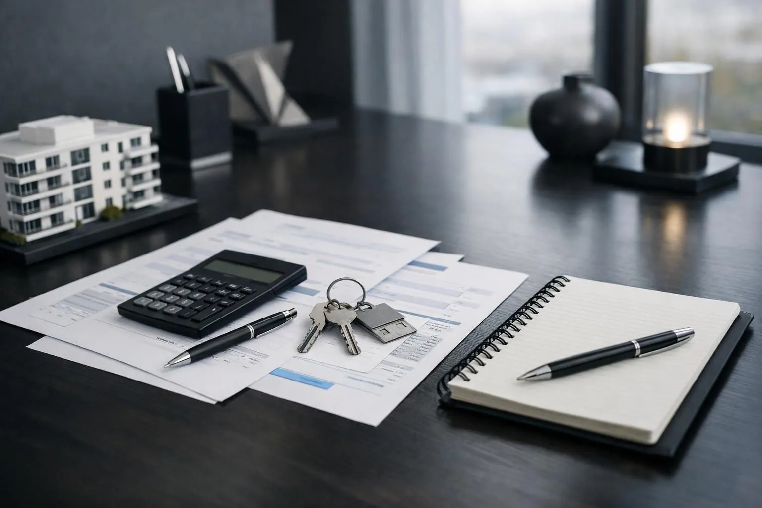 Desk with calculator, keys, papers, notebook, and pen.