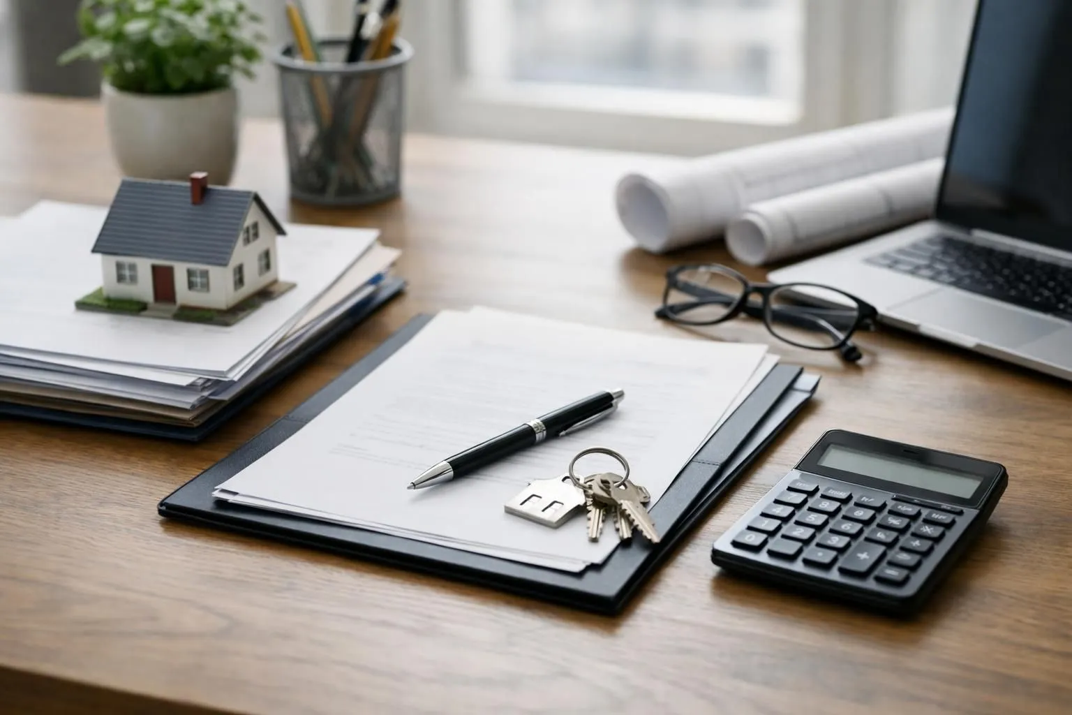Desk with architectural plans, calculator, keys, and office supplies.