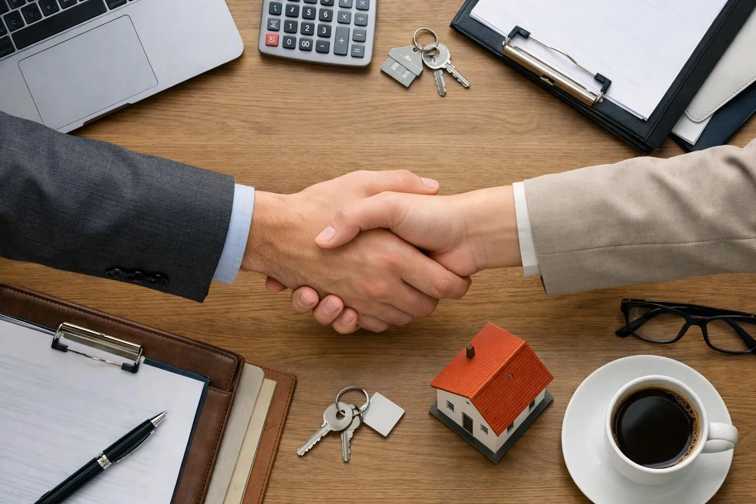 Business handshake, office desk, real estate, calculator, keys, coffee.