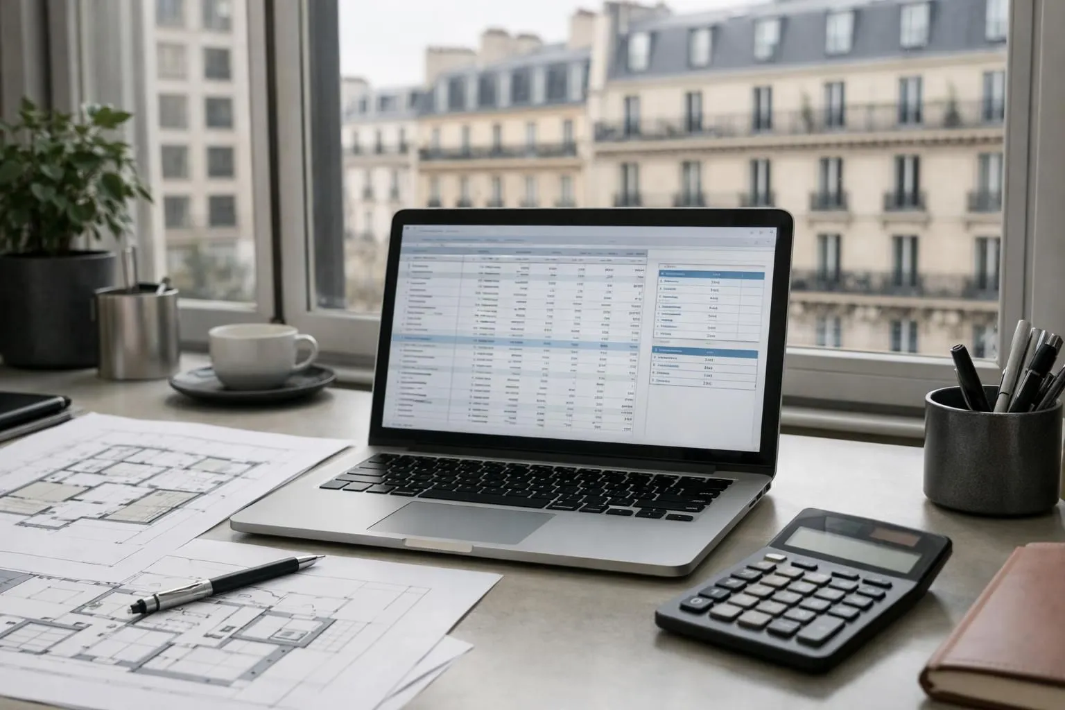 Bureau moderne avec ordinateur portable affichant un tableur de calcul de rentabilité immobilière, calculatrice, documents financiers et plans d'appartement étalés sur la table, stylo et tasse de café, lumière naturelle, ambiance professionnelle et organisée, vue sur immeuble haussmannien par la fenêtre, personne de 35-45 ans consultant les données, style photo réaliste, tons neutres beige et gris