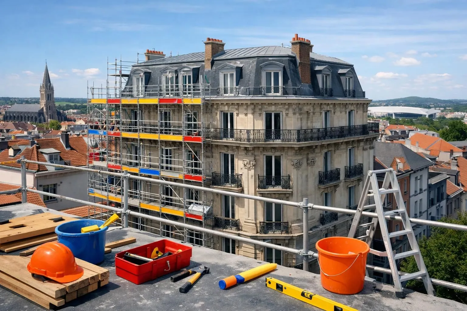Scaffolding-covered historic building undergoing renovation, construction tools in foreground.