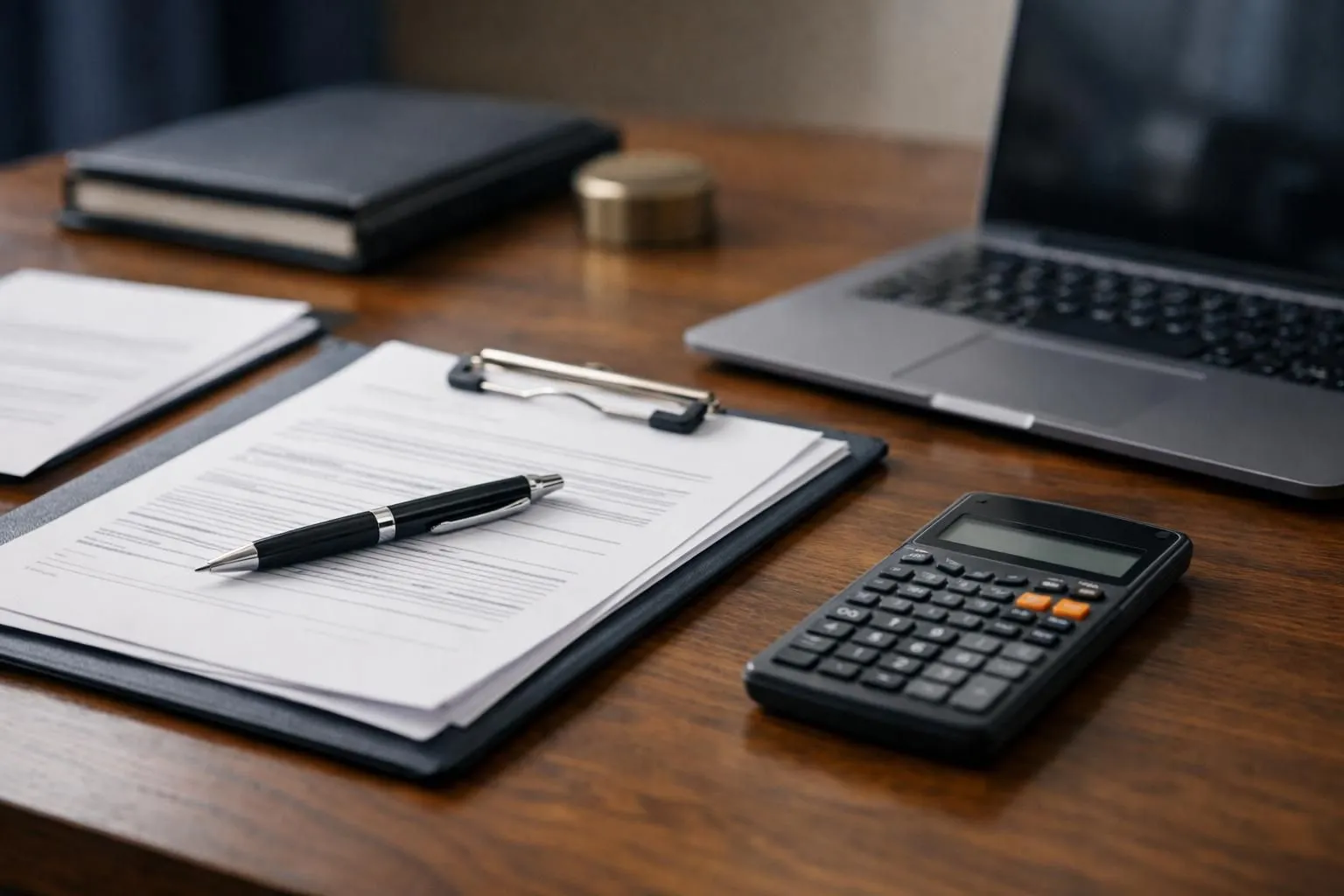Desk with laptop, calculator, pen, and documents.