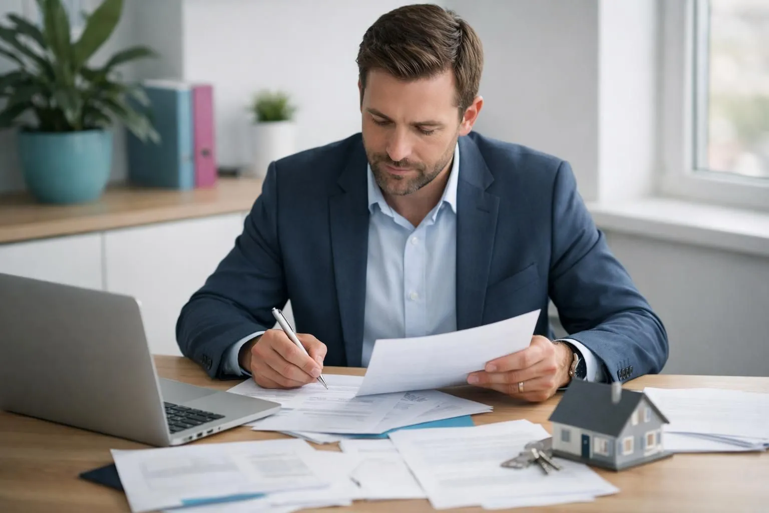 Businessman reviewing documents and working on laptop in office.