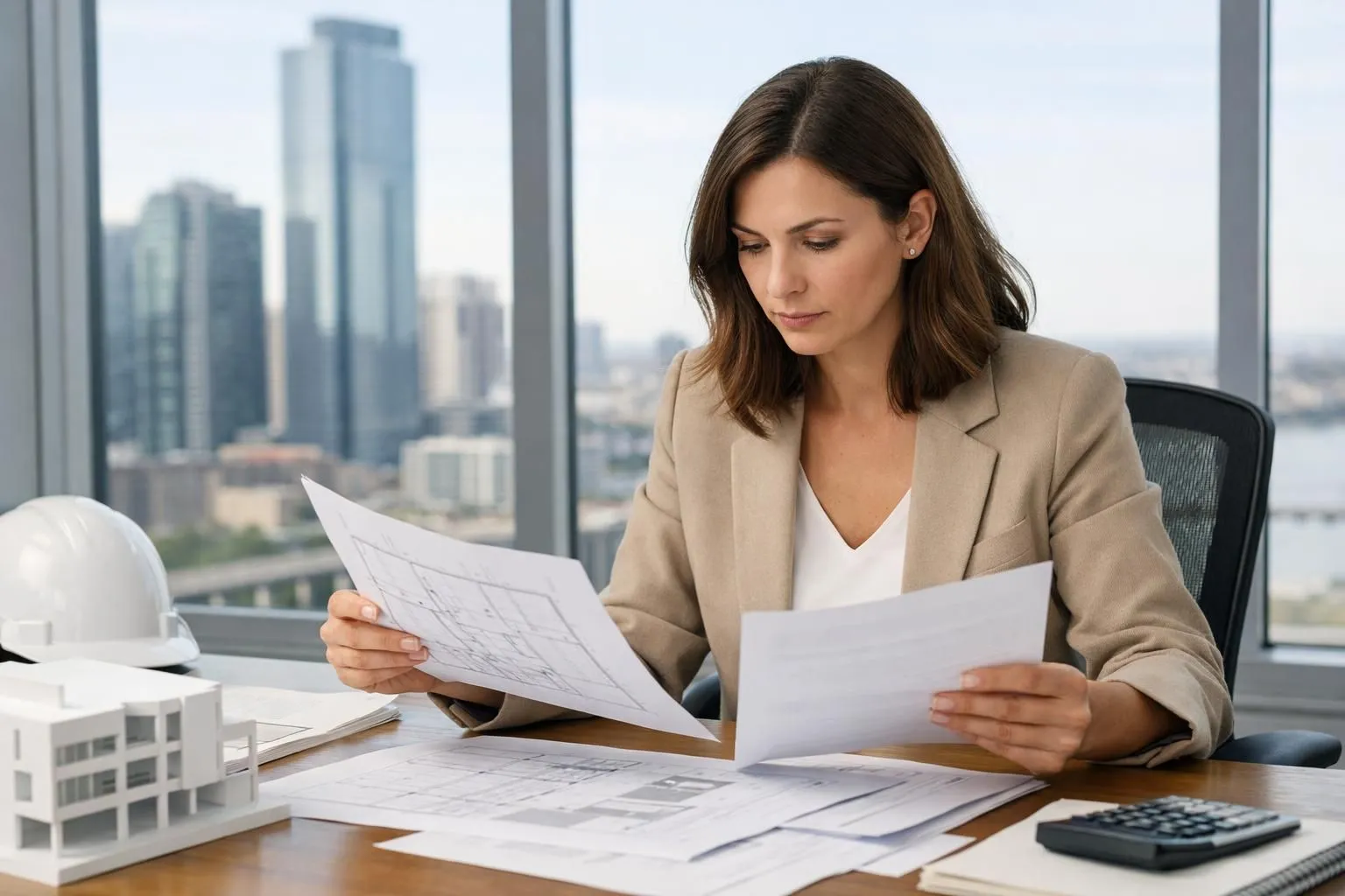 Businesswoman reviewing documents in office with city skyline view.