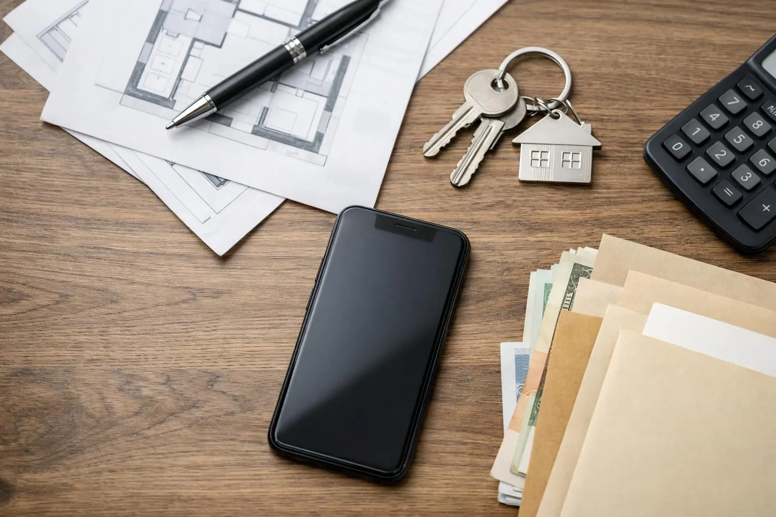 Architectural plans, calculator, smartphone, house keys, and cash on wooden desk.