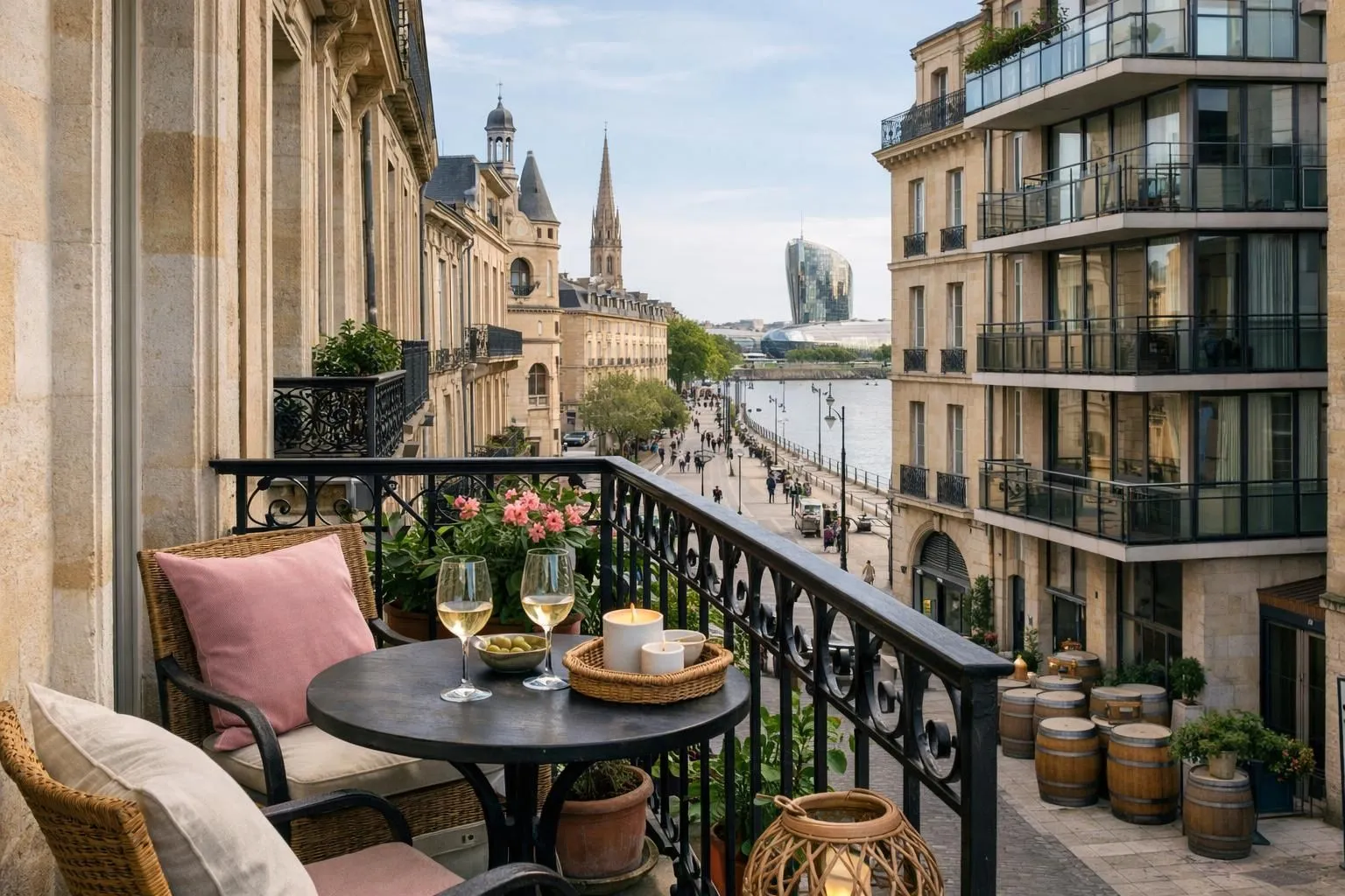 Charming Parisian balcony with river and cityscape view.