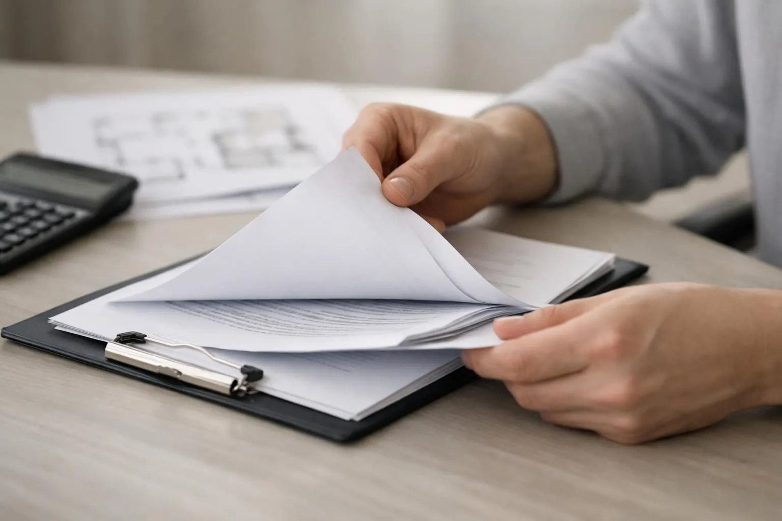 Gros plan sur des mains révélant des documents cachés sous un contrat immobilier posé sur un bureau moderne, métaphore des vérités dissimulées dans l'investissement locatif pour non-résidents, avec calculatrice et plans d'appartement en arrière-plan flou, lumière naturelle douce, ambiance professionnelle et réaliste, style photo éditoriale pour magazine immobilier, couleurs neutres beige et gris, aucun texte visible