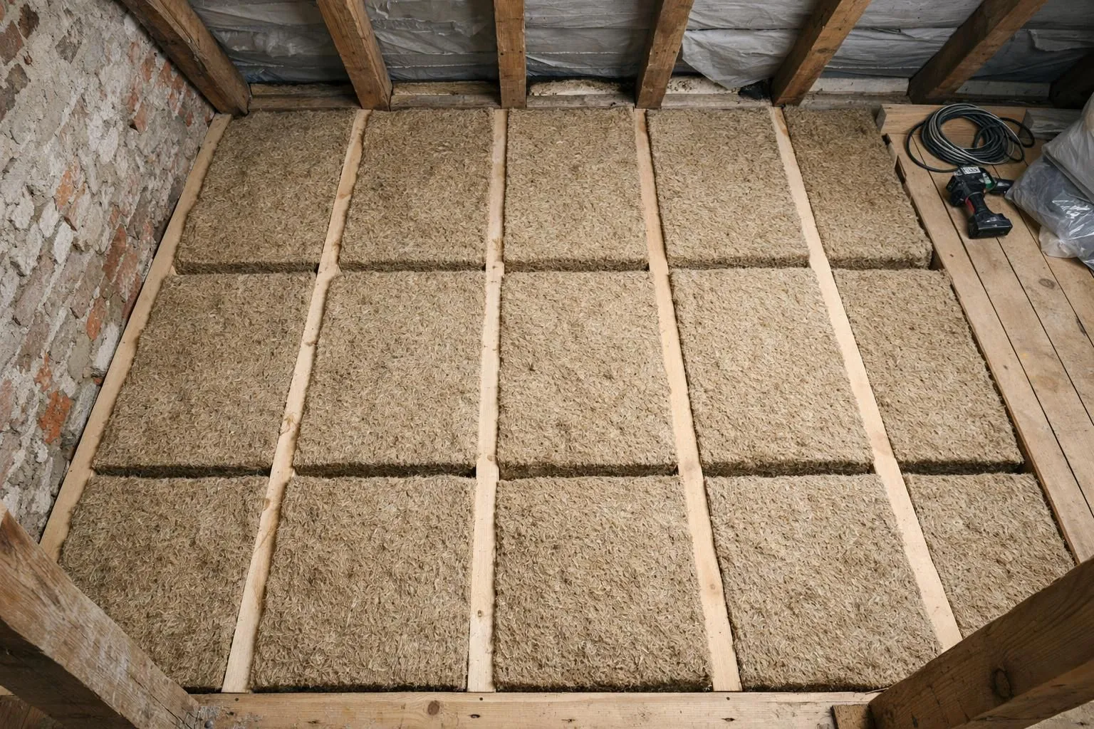 Insulation panels on wooden beams in an attic space.