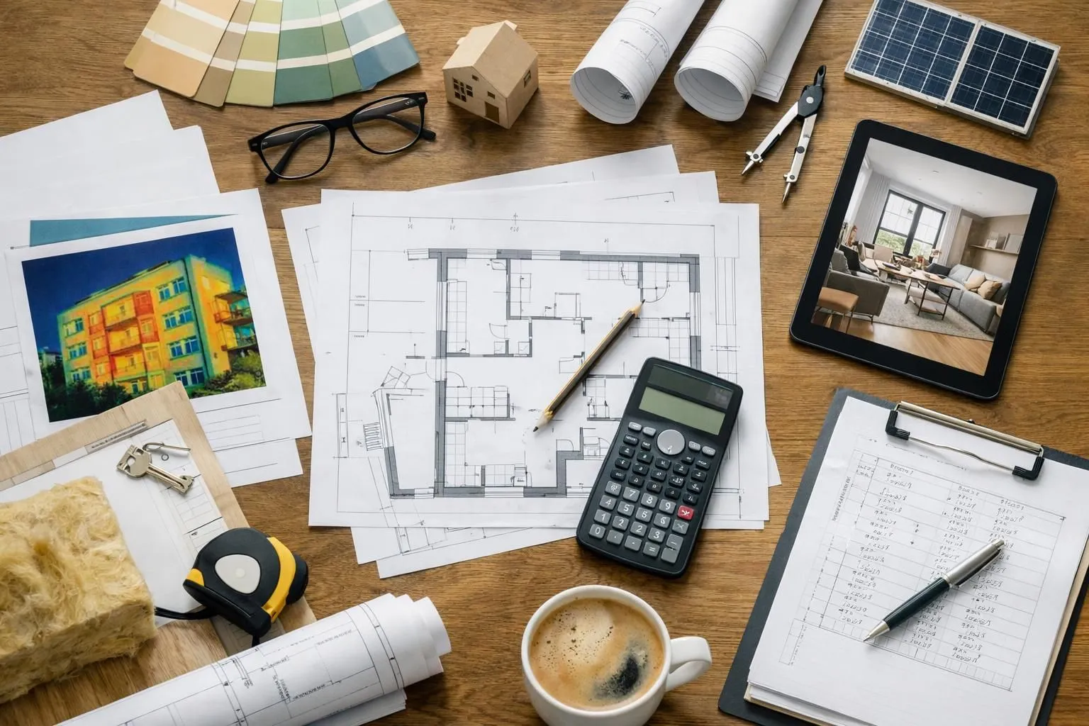 Architectural design tools, plans, and digital tablet on wooden desk.