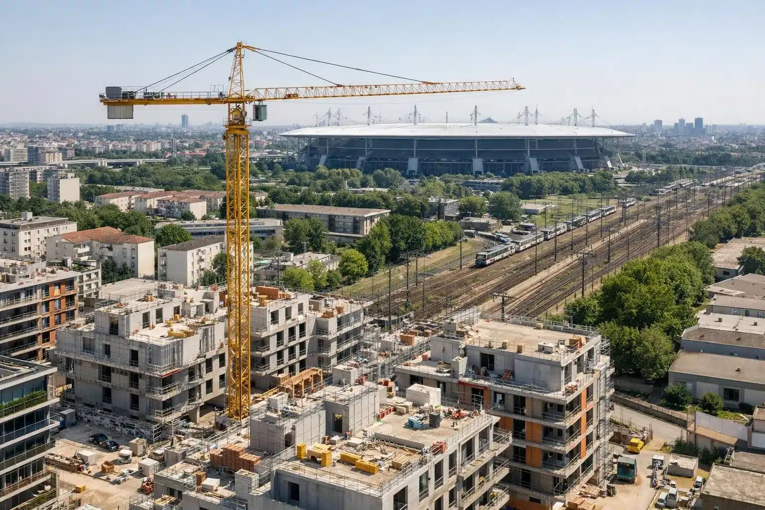 Aerial view of a large construction site with a crane.
