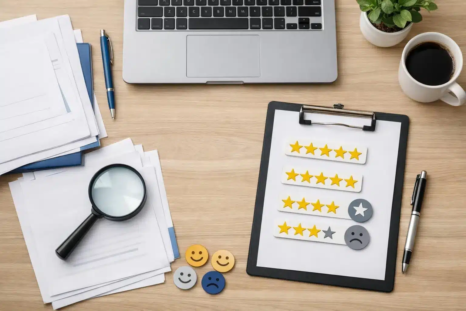 Laptop, documents, magnifying glass, rating stars, and emoji icons on desk.