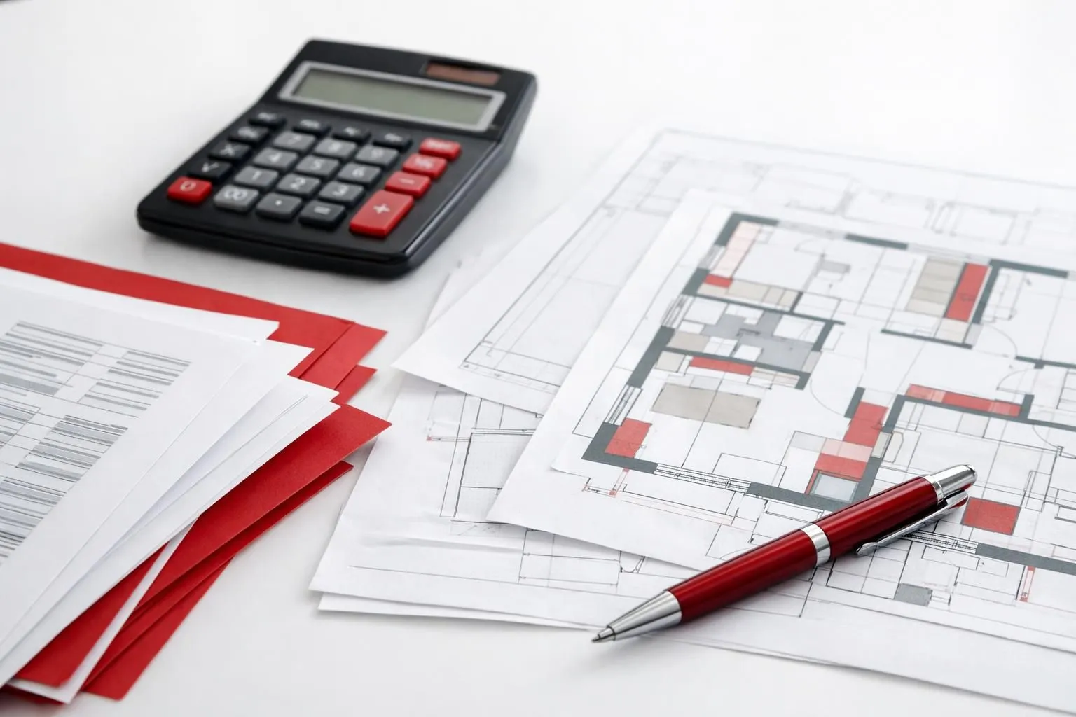 Architectural plans, calculator, and red pen on a white surface.