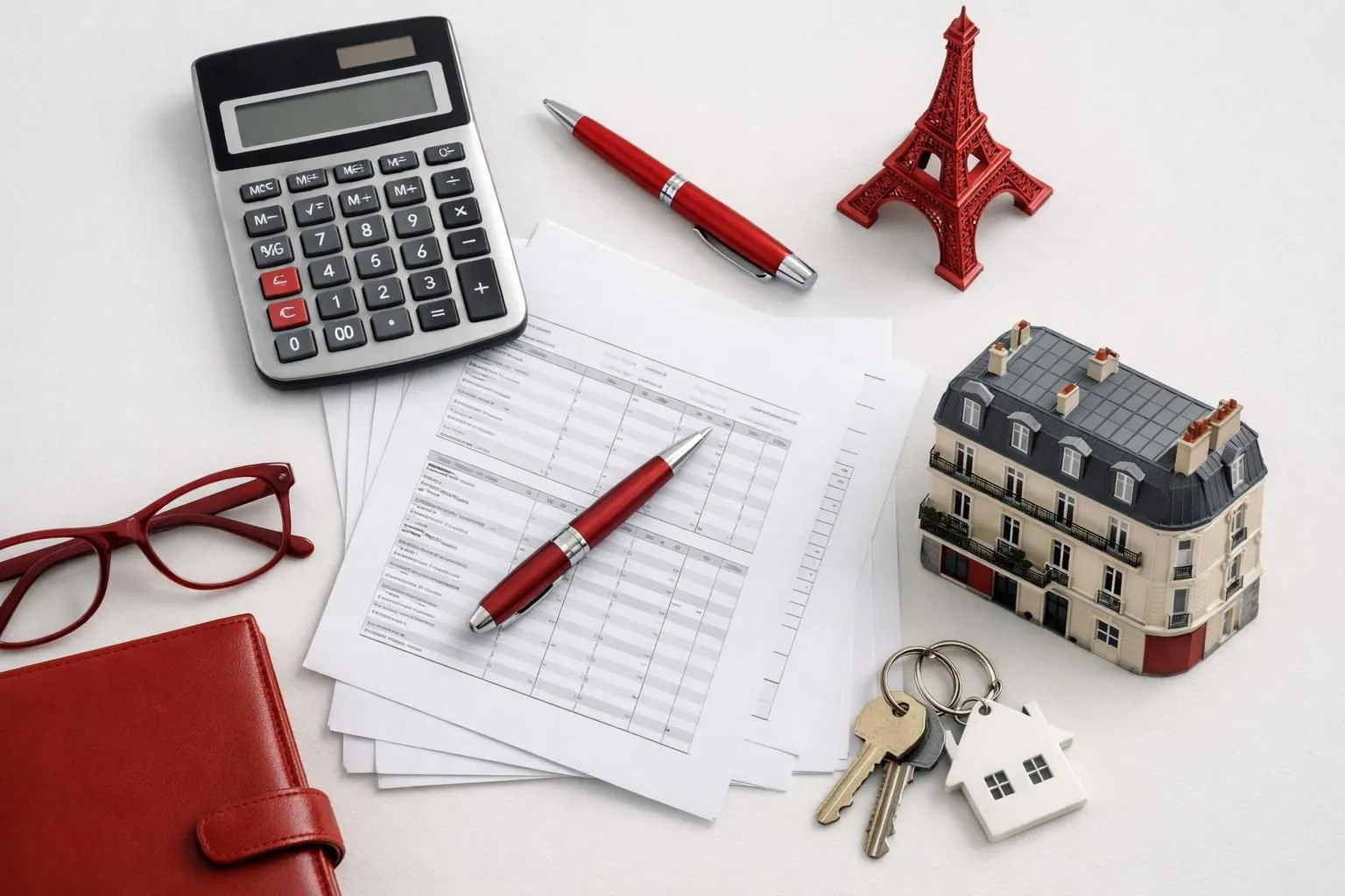 Calculator, pen, Eiffel Tower figurine, eyeglasses, house model, and keys on documents.
