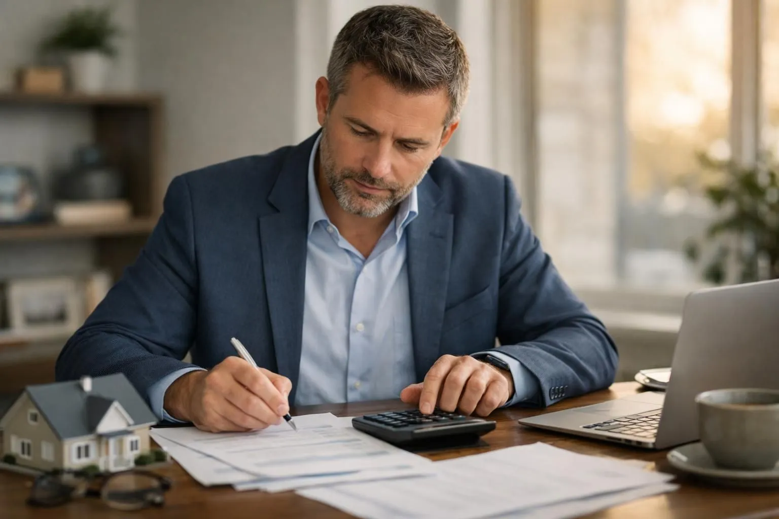 Businessman reviewing documents, using calculator, and working on laptop.